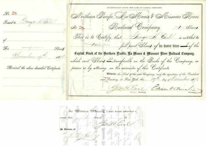 Northern Pacific, La Moure and Missouri River Railroad Co. Issued to and signed 