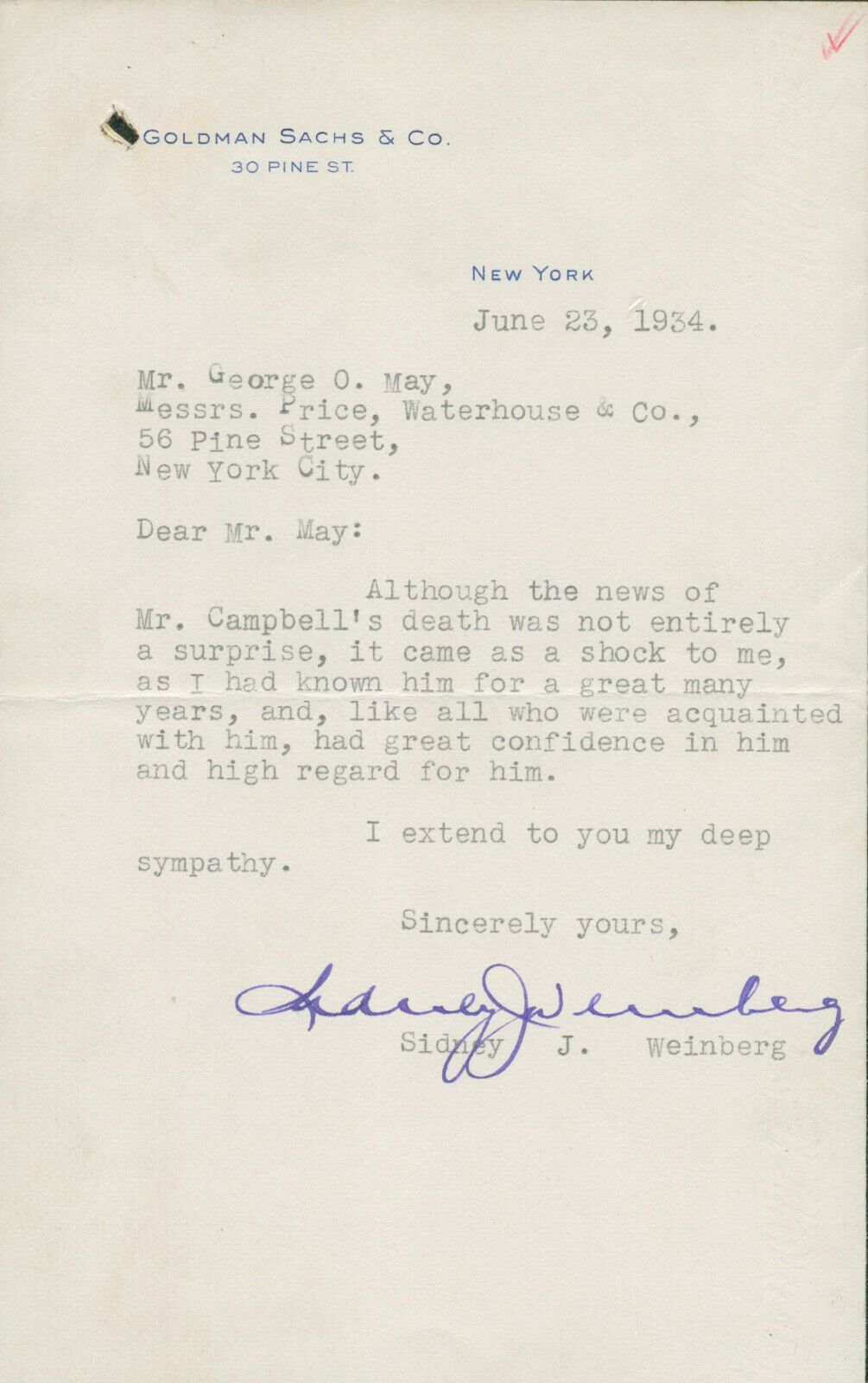 Sidney J. Weinberg SIGNED AUTOGRAPHED Letter Goldman Sachs 1934 Mr. Wall Street