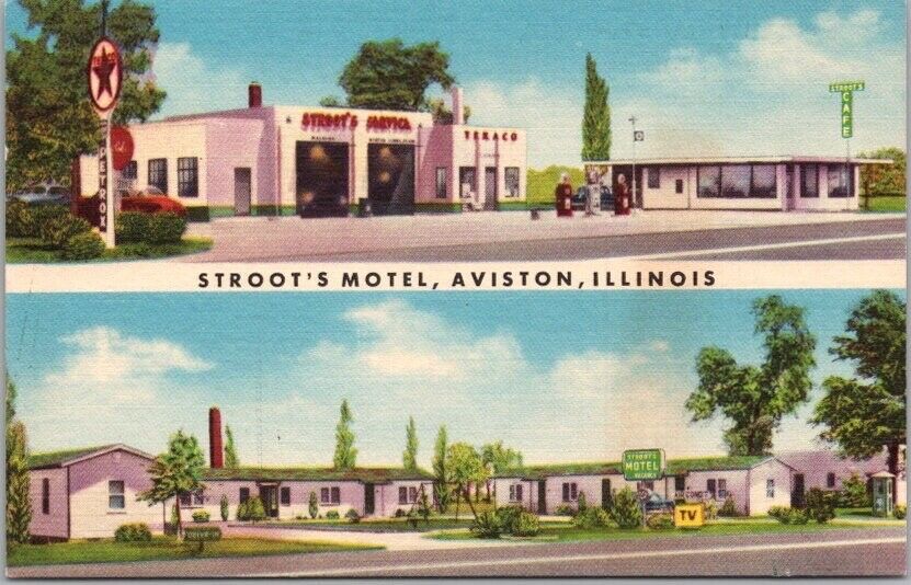 c1950s AVISTON, Illinois Postcard STROOT'S MOTEL Texaco Gas Station LINEN Unused