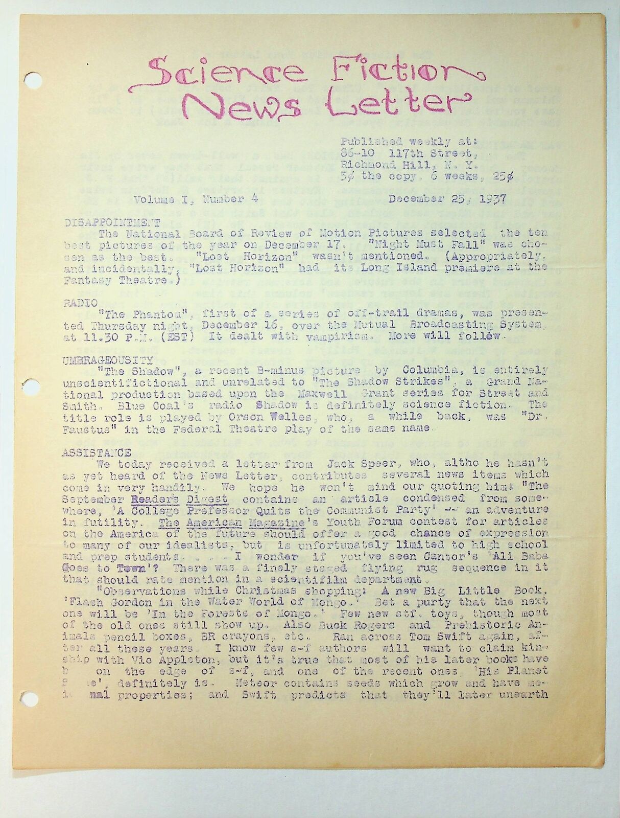 Science Fiction News Letter Fanzine Vol. 1 #4 VF 1937