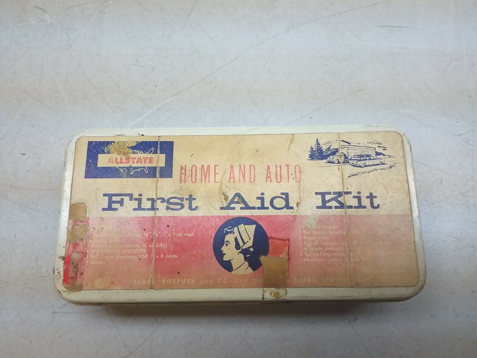 Vintage Allstate Home and Auto First Aid Kit Sears Roebuck and Co Metal Tin