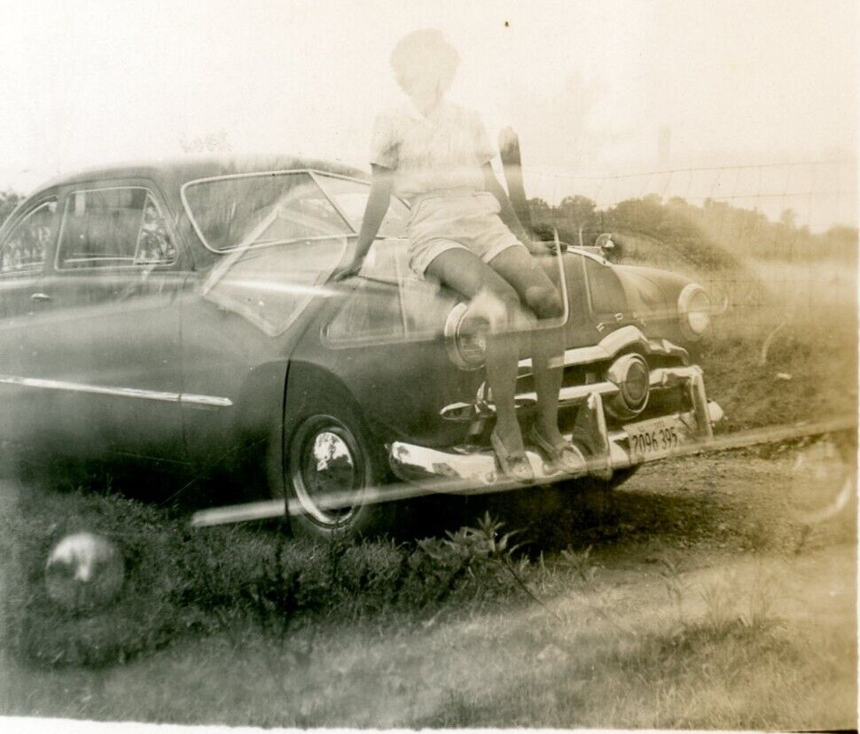 Old Photo Double Exposure Woman on Car 1940s Vintage Original