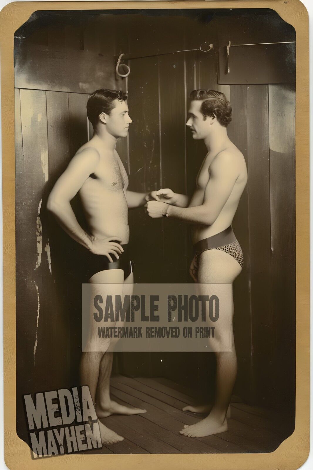 Two men public pool showers talking Print 4x6 Gay Interest Photo #622