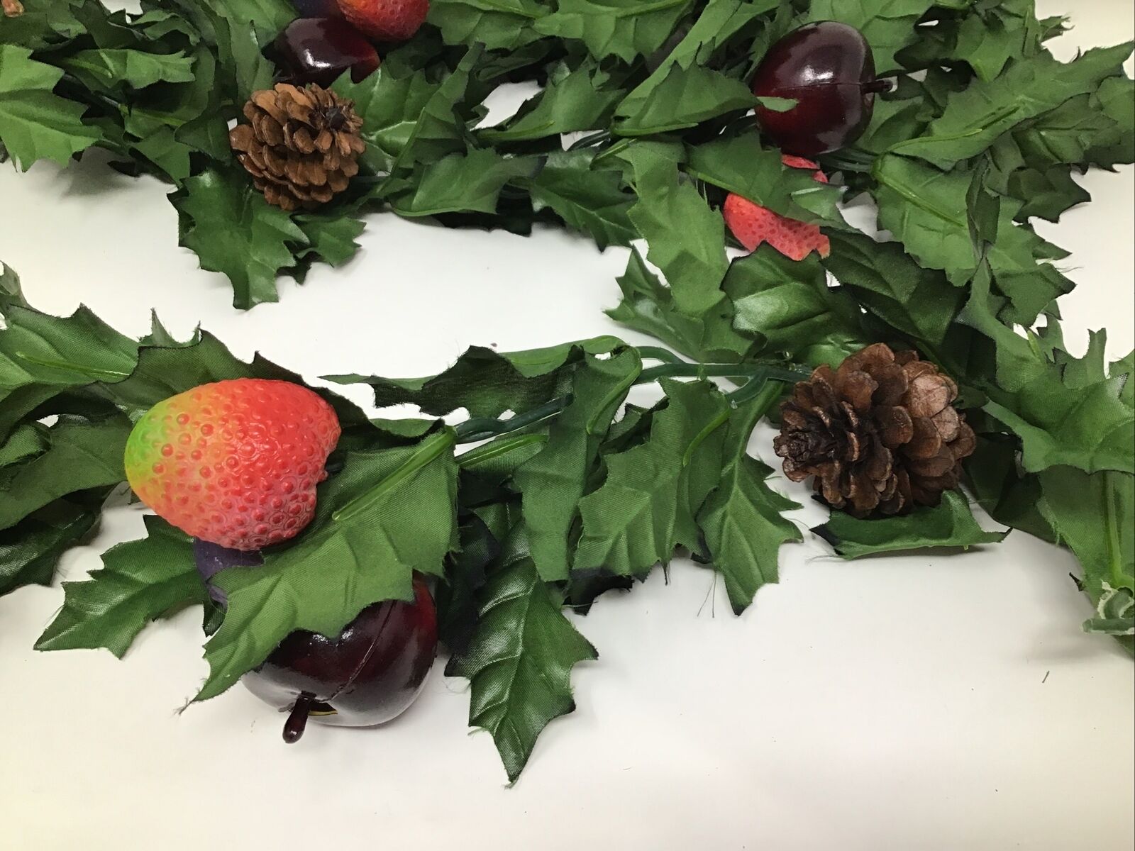 Artificial Silk Holly Leaf Garland Pinecones Apples Strawberries Plums 100” Long