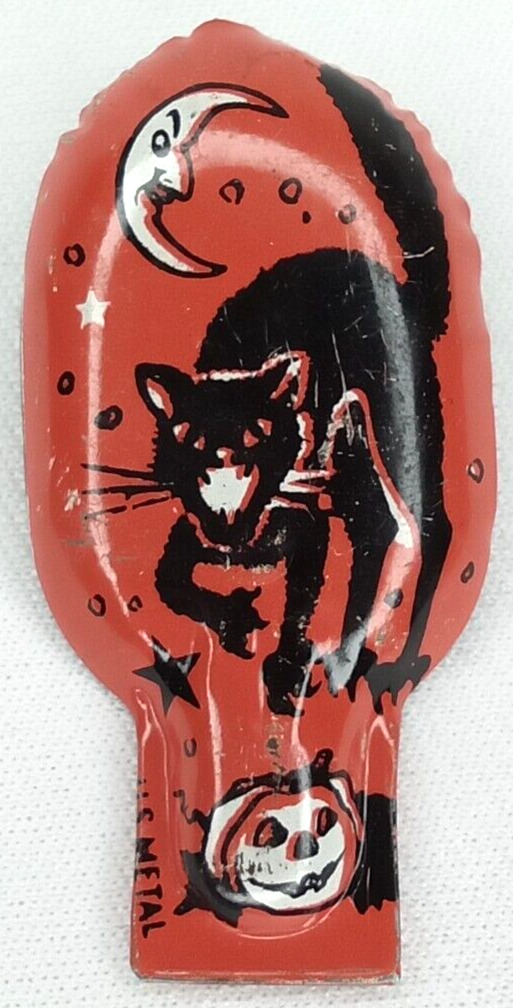 Halloween Black Cat Crescent Moon Jack O Lantern US Metal Orange Vintage Clicker