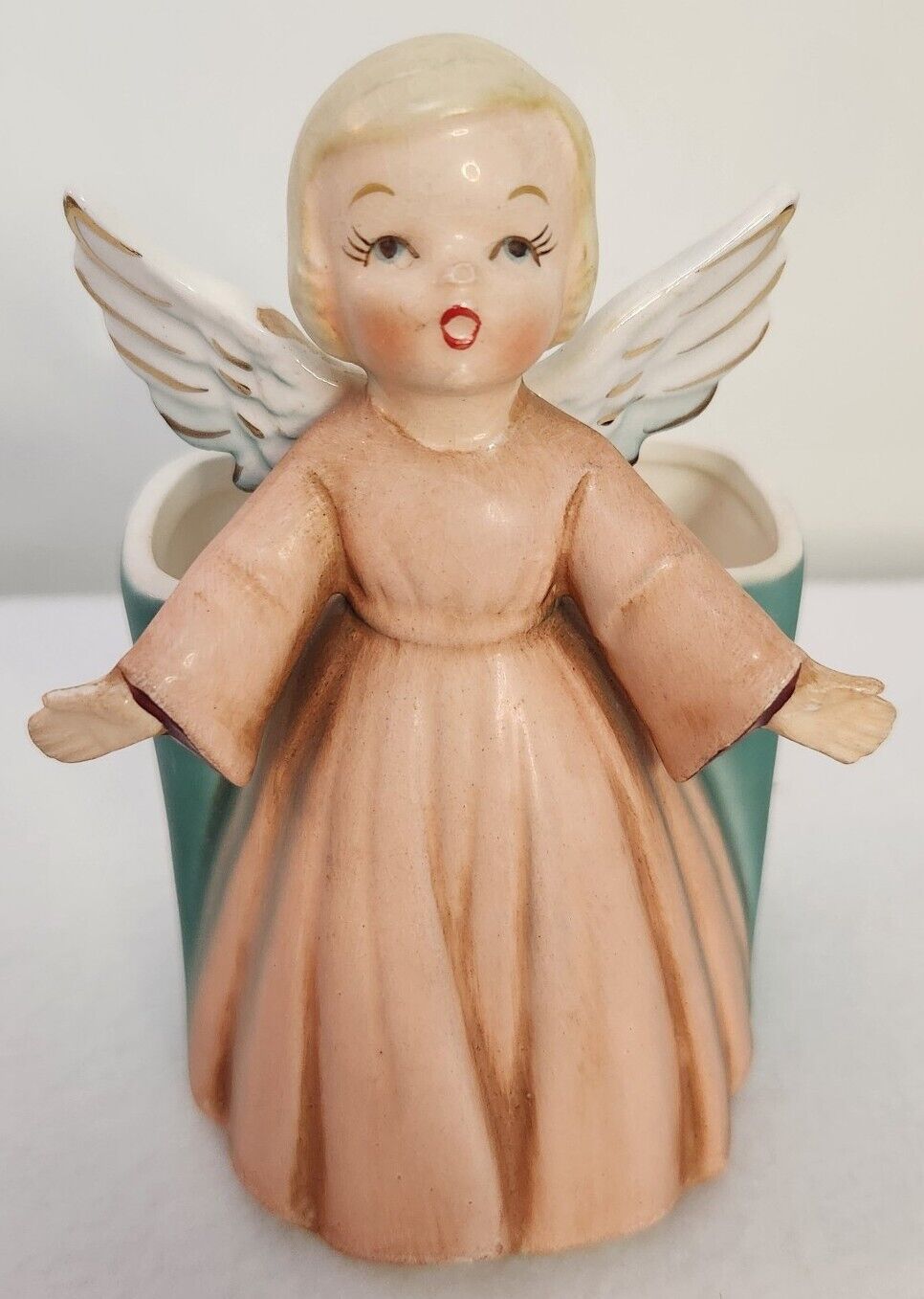 Vintage 1950s Porcelain Inarco Angel Open Arms Blue Peach Gown Planter CHRISTMAS