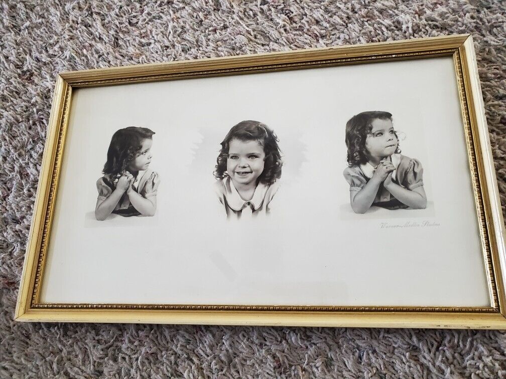 Vintage 1940's - 1950's portrait of young girl 3 poses framed under glass  ID'd