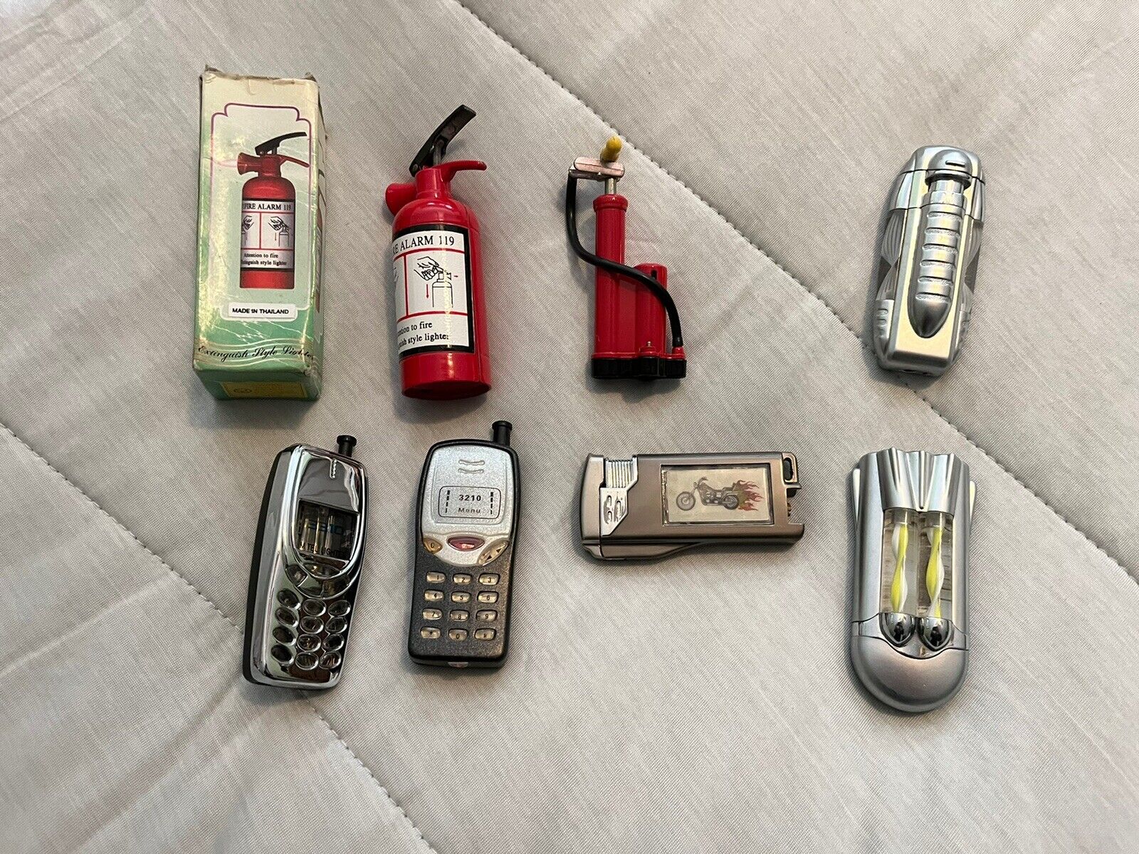 7 Novelty Lighters Fire Extinguisher Bicycle Pump Cell Phones Space Ship