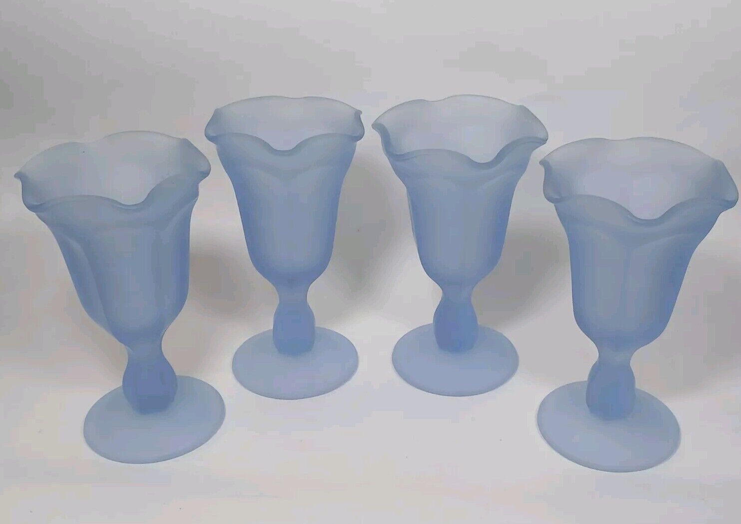 Vintage Indiana Glass Blue Frosted Ruffled Parfait Sundae Fountainware Set of 4