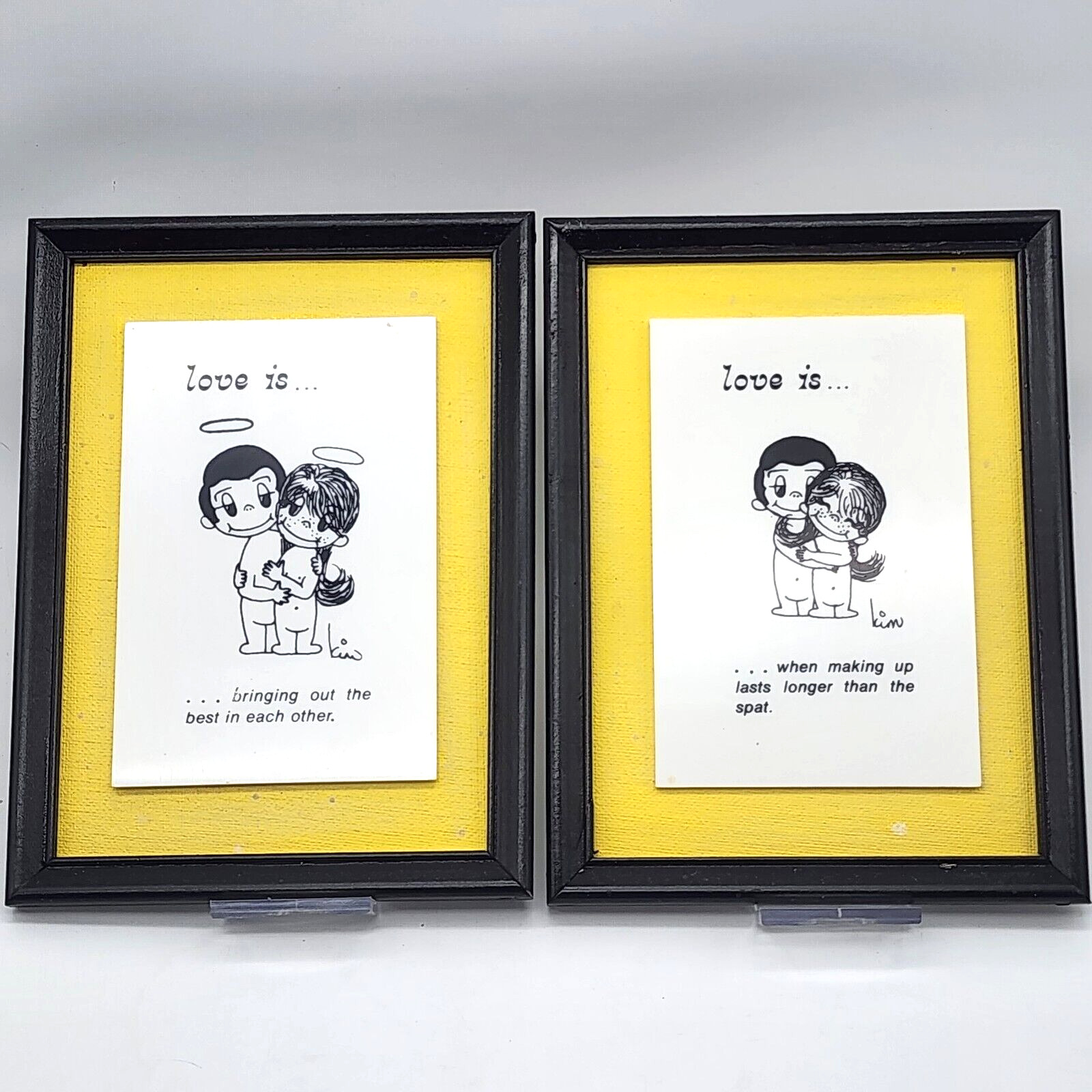 2 Vintage Kim Casali LOVE IS wall Plaques Signs Ceramic 1970s Wood Framed 5 x 7