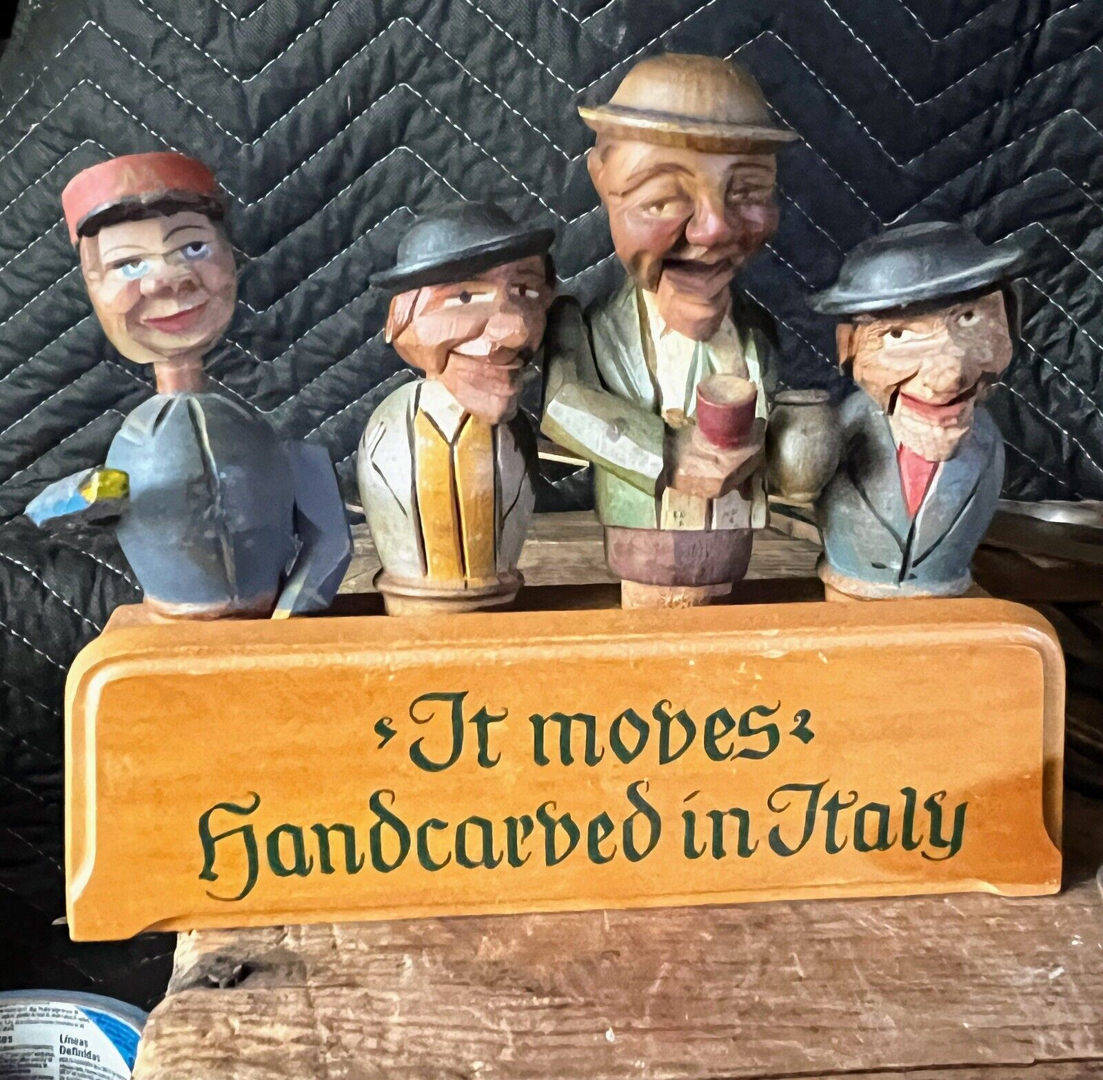 4 Vintage ANRI Italian Carved Wood Moving Puppet Cork Bottle Stoppers WITH STAND