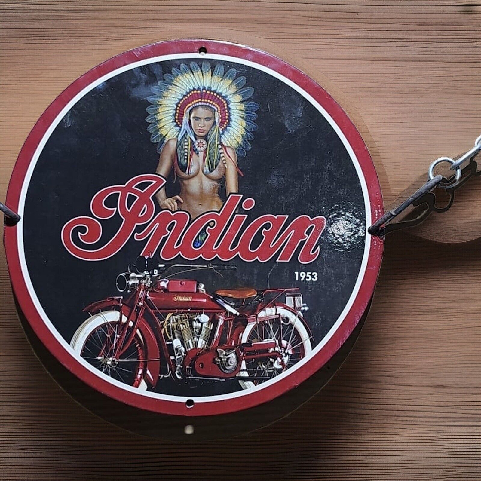 INDIAN MOTORCYCLE PINUP GIRL PORCELAIN GAS OIL GARAGE SERVICE AUTO PUMP AD SIGN