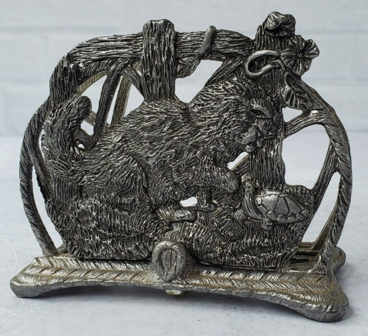 Vintage Metzke Pewter Letter / Business Card Holder Cat Playing with Turtle