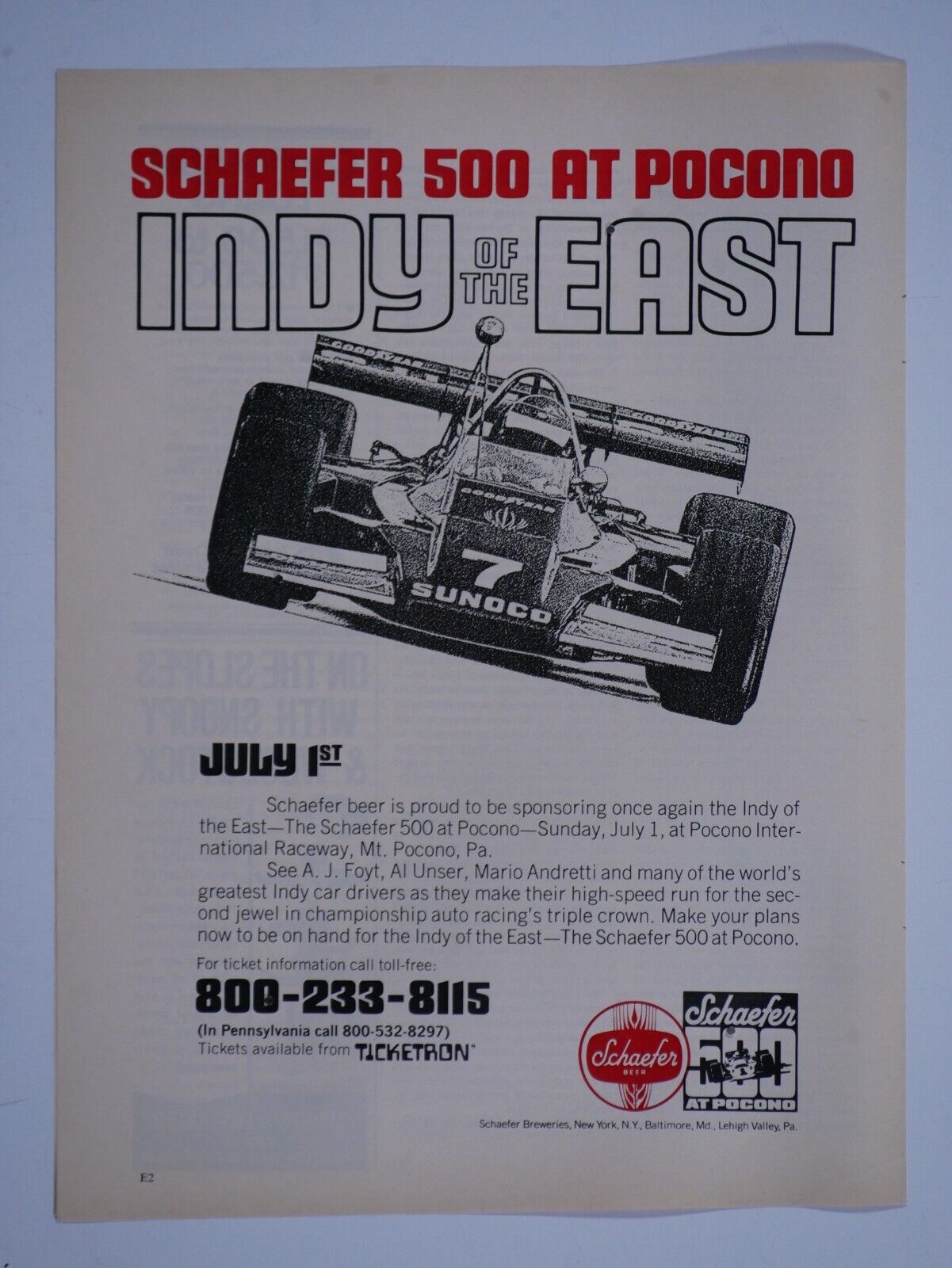 Schaefer 500 At Pocono VTG 1976 Indy Of East Regional Original Magazine Print Ad