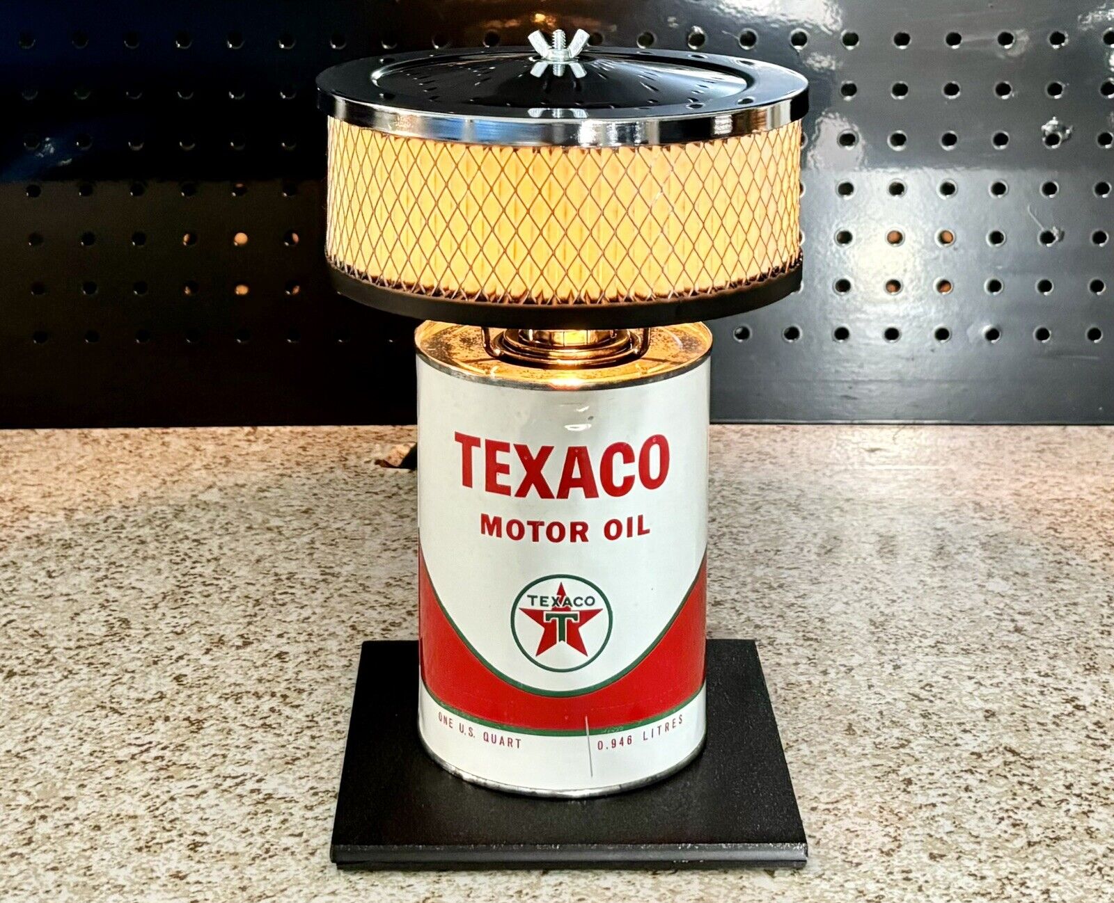 Authentic Texaco Premium Oil Can Lamp with Chrome Air Cleaner Shade