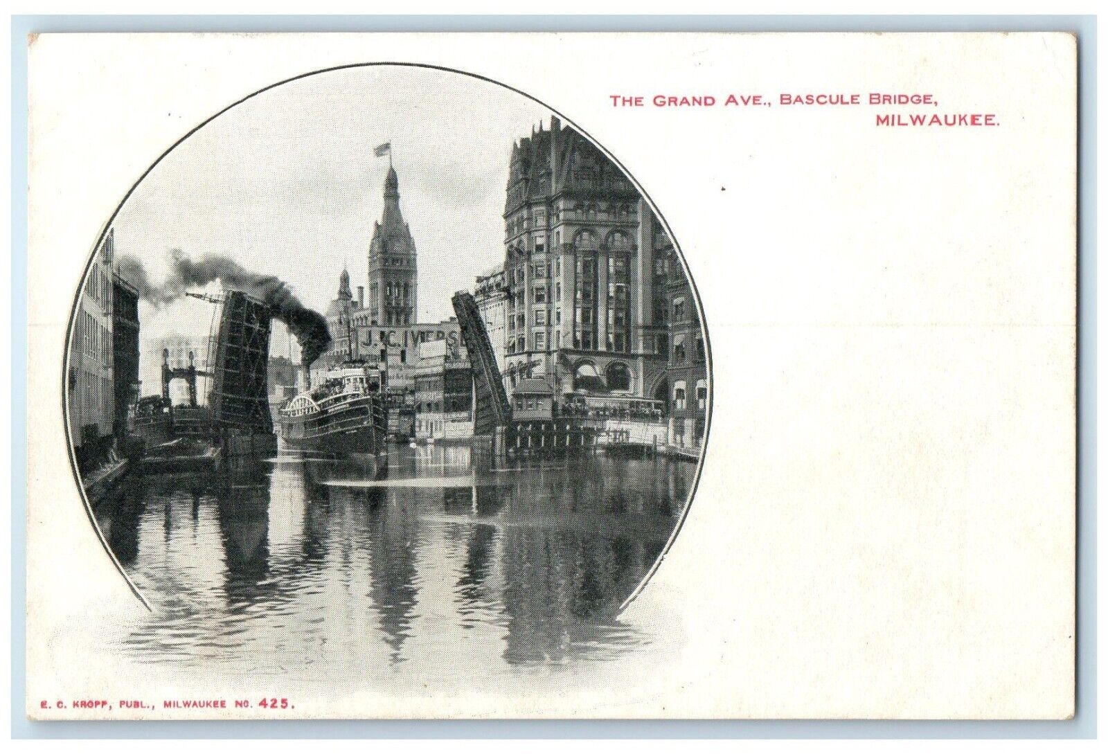 c1905 Grand Ave Bascule Bridge Steamer Milwaukee Wisconsin WI Vintage Postcard