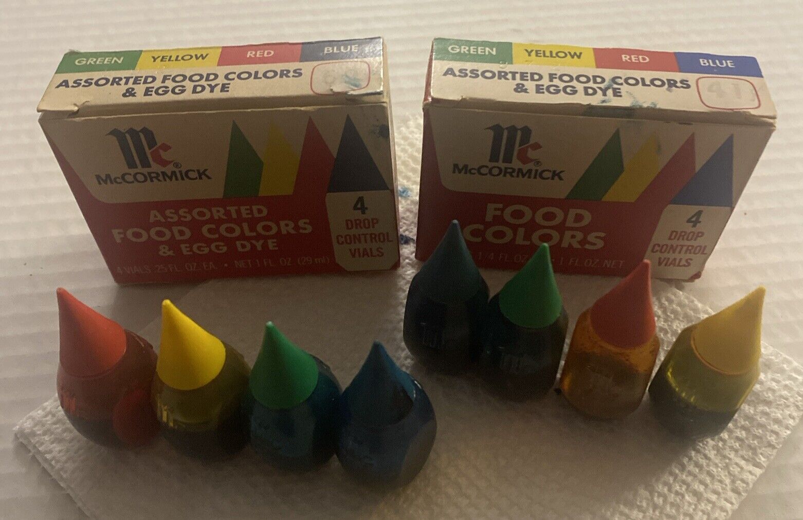 2 LOT McCormick Food Colors Egg Dye Boxes Bottles Vintage 1970s Advertising Prop