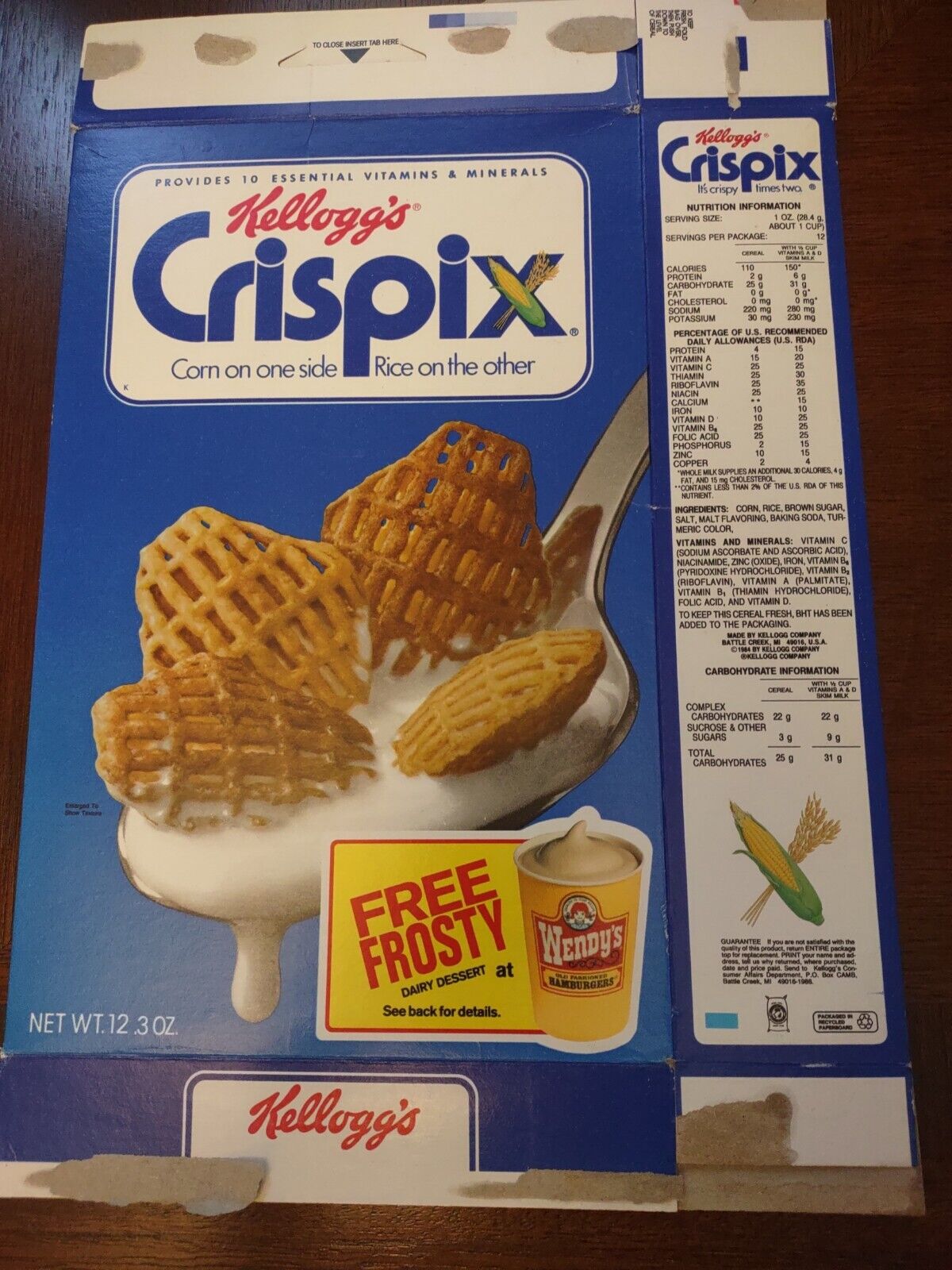 VTG 1989 Kellogg’s Crispix Empty Cereal Box Flat Used ~Wendy's Free Frosty~
