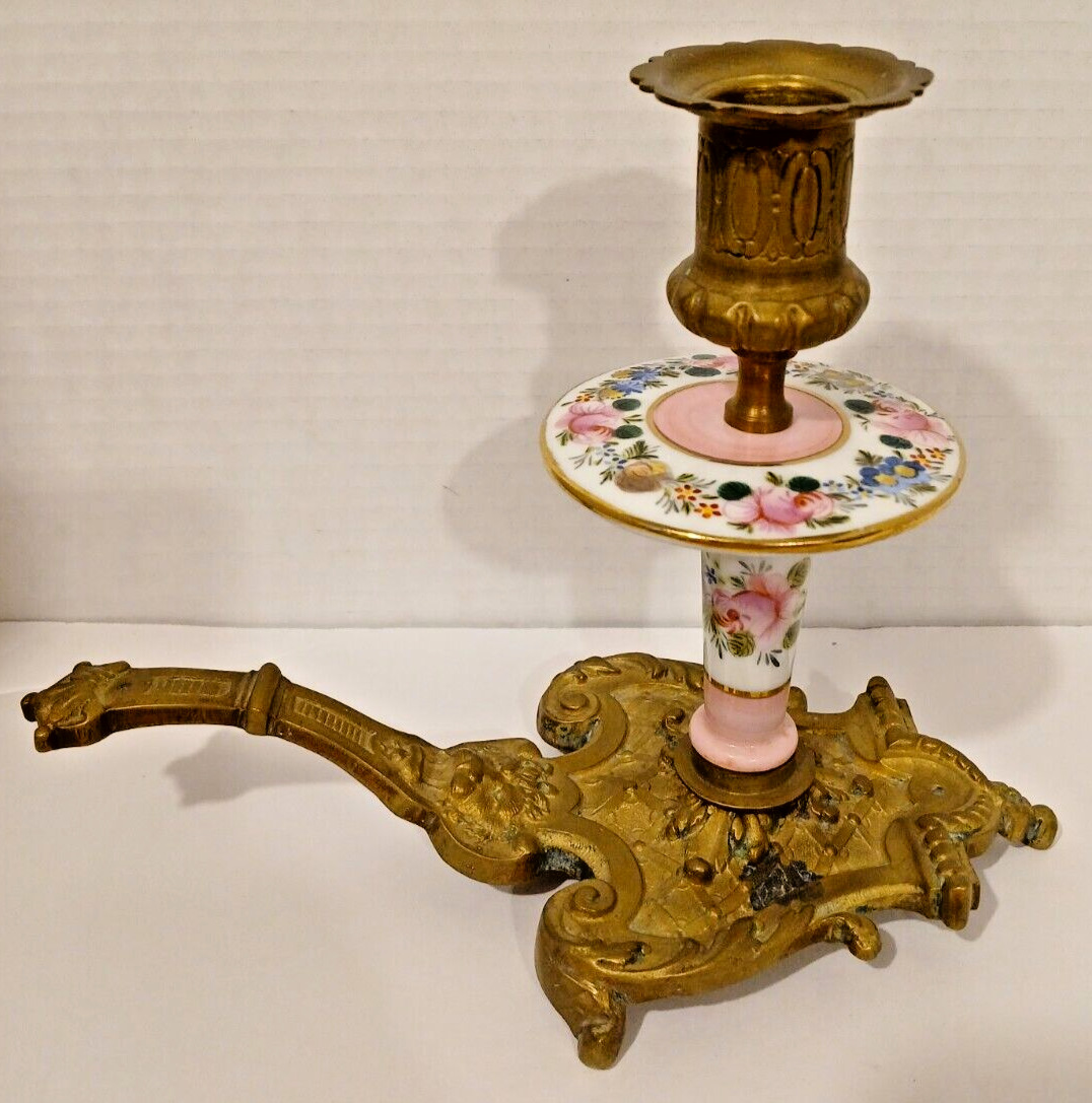 Victorian Era Hand Painted Paris Porcelain And Armolu Mounted Brass Candle Stick