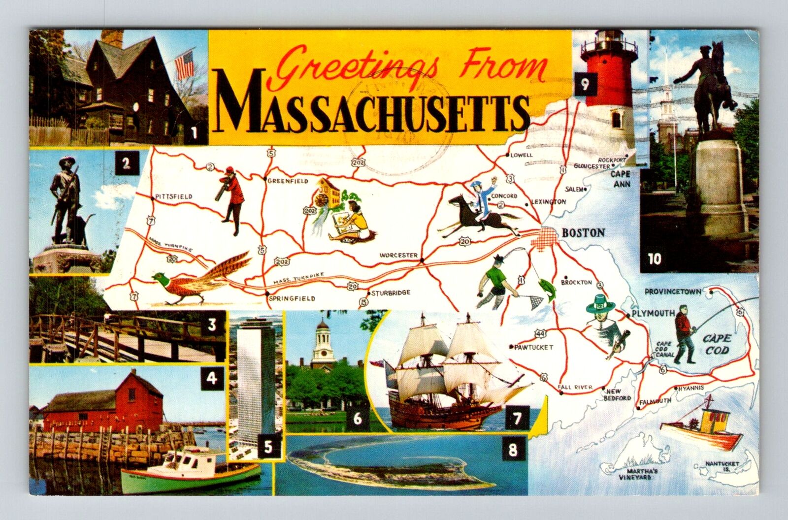 MA-Massachusetts, General Road Map Greeting, Vintage Postcard