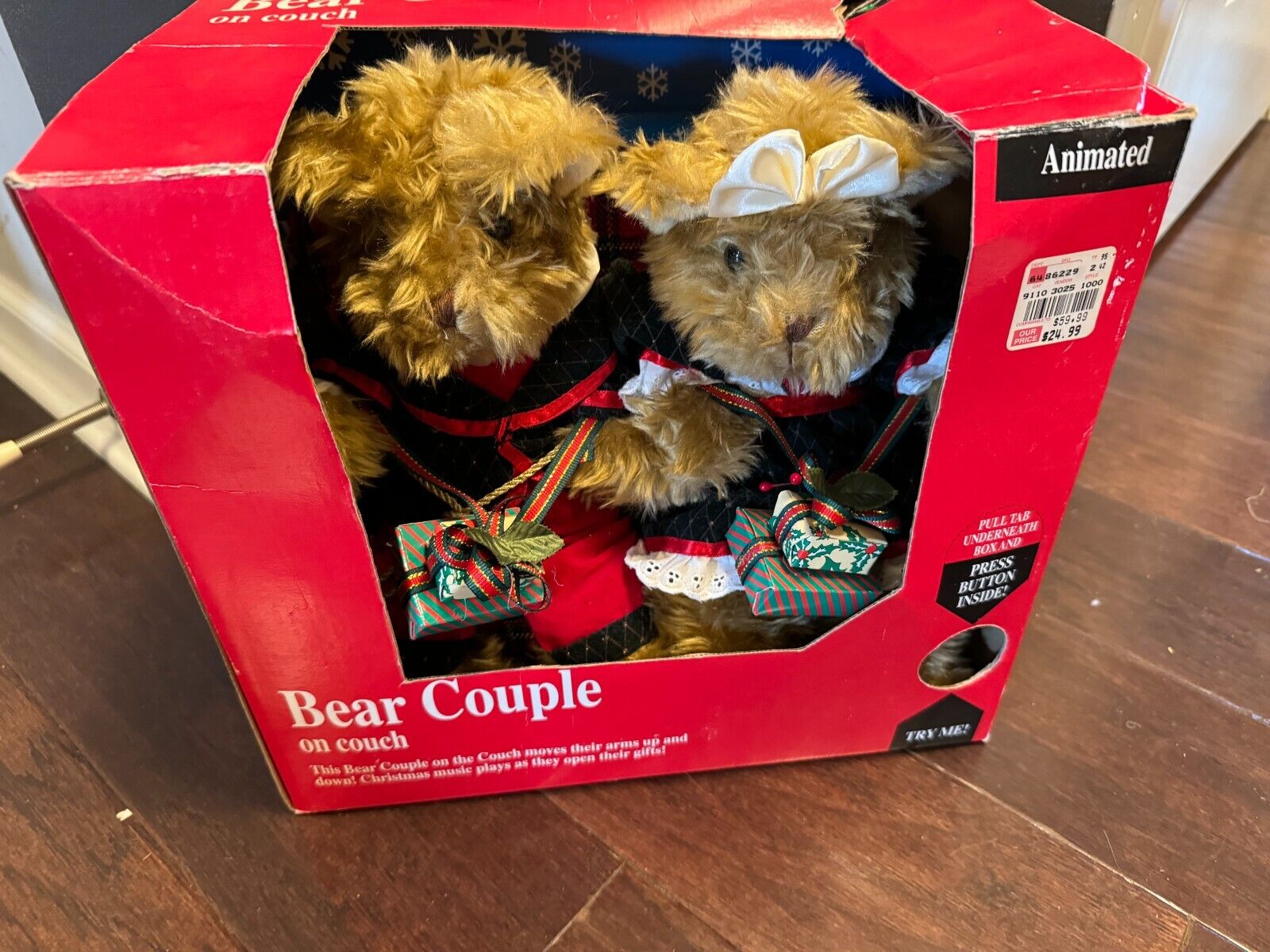 Vintage 90s Gemmy Bear Couple On Couch Animated Christmas Music Arms Move Gifts