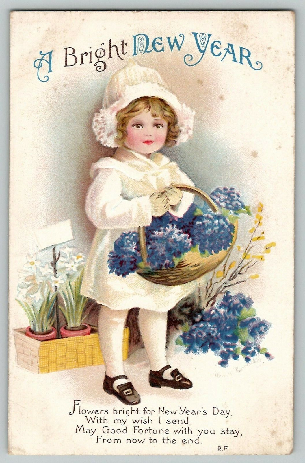 c 1910 Bright New Year Postcard, Ellen CLAPSADDLE, Girl Basket Embossed No. 1877
