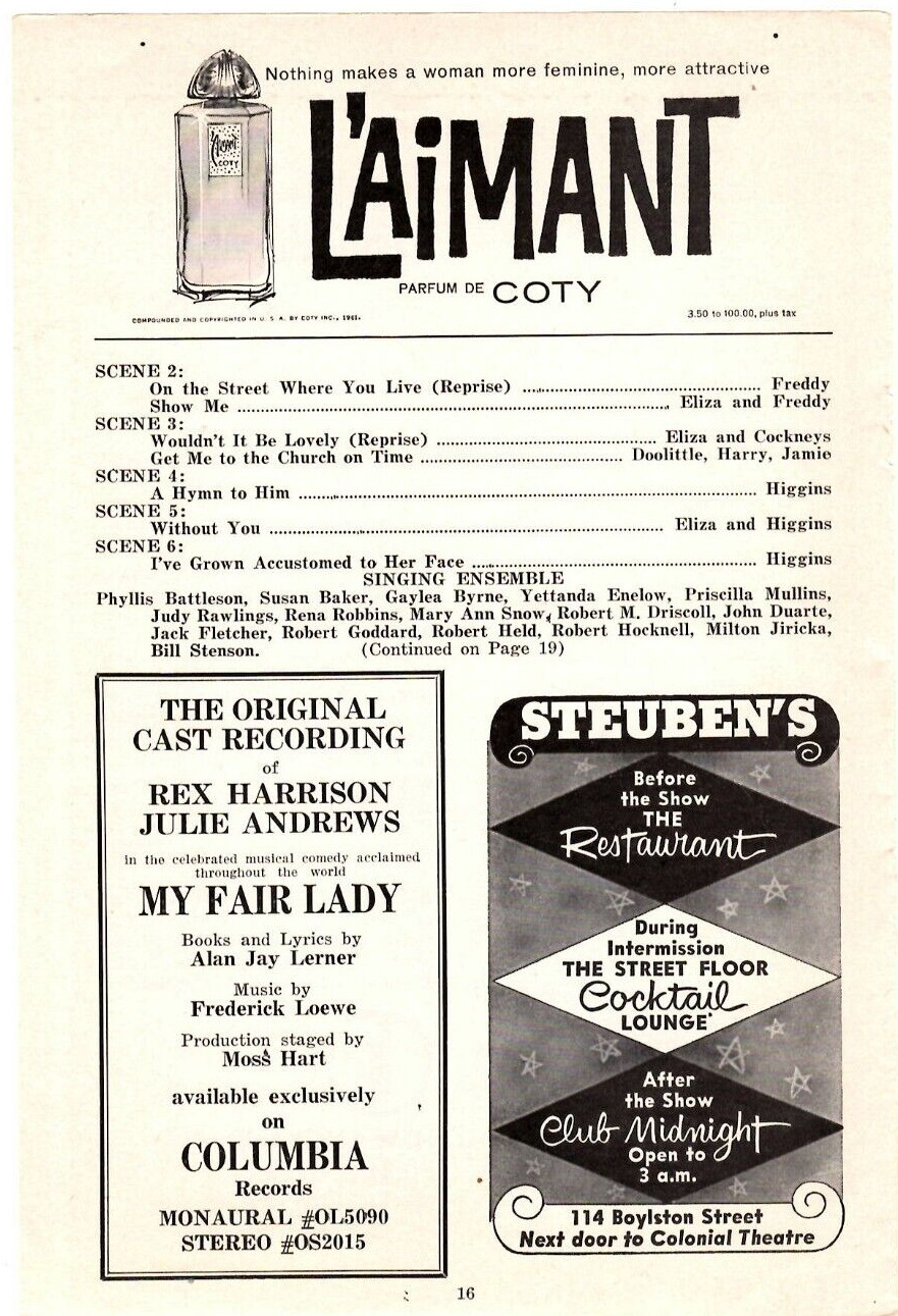 1961 Print Ad  Coty L\'Aimant Parfum/Steuben\'s Resturant Boston/Recording My Fair