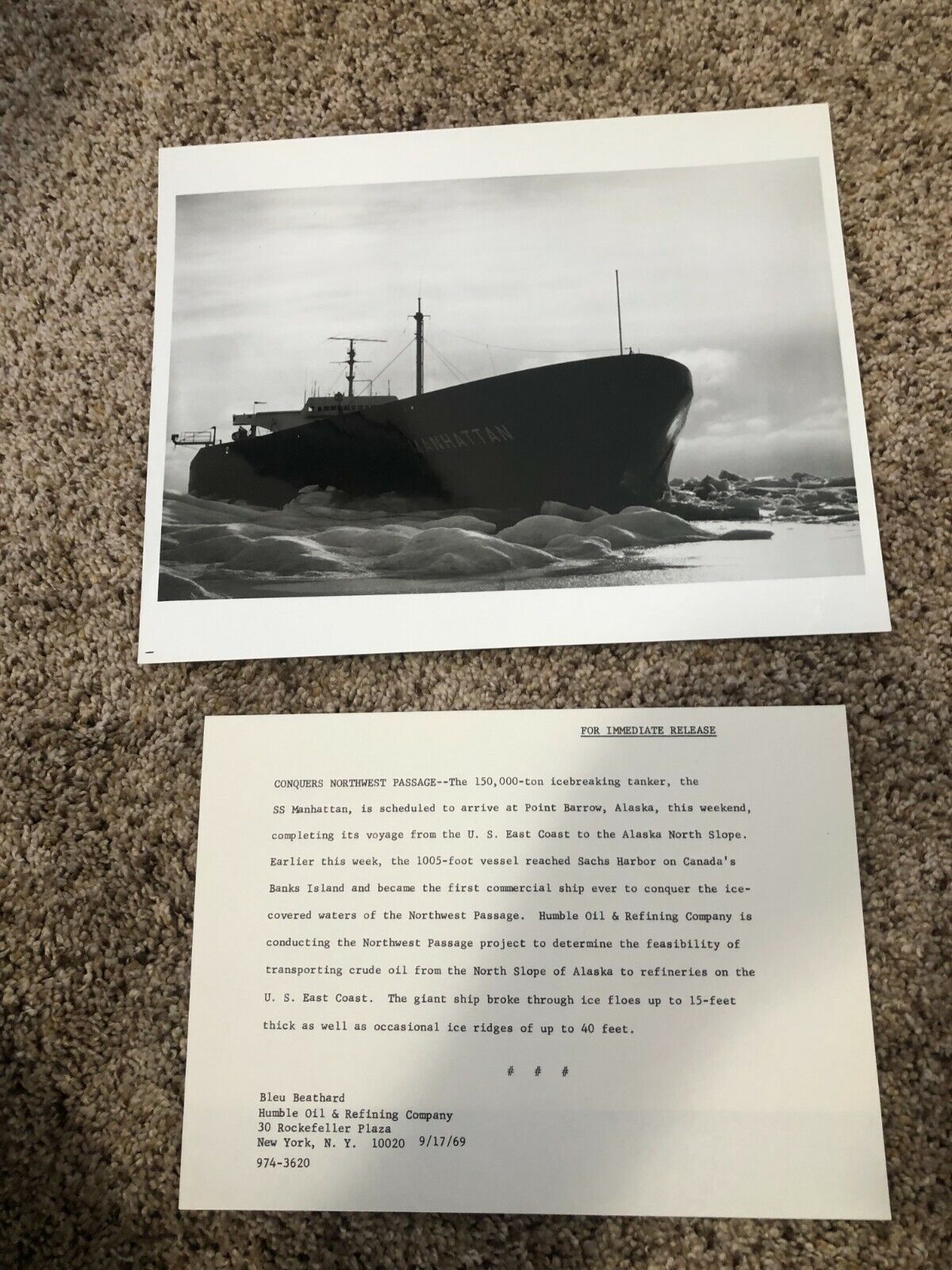 1969 Press Photo & Release Document - Humble Oil (Exxon) SS Manhattan NW Passage
