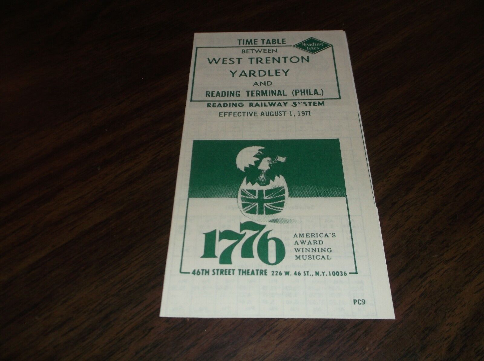 AUGUST 1971 RDG READING COMPANY WEST TRENTON YARDLEY, PA  PC9 PUBLIC TIMETABLE