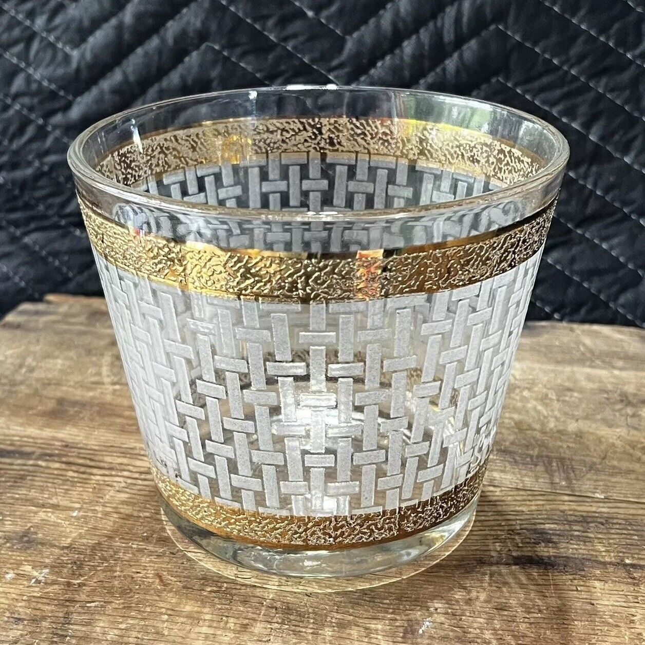 Beautiful Mid-Century Starlyte Embossed Woven Cane & Gold Glass Ice Bucket