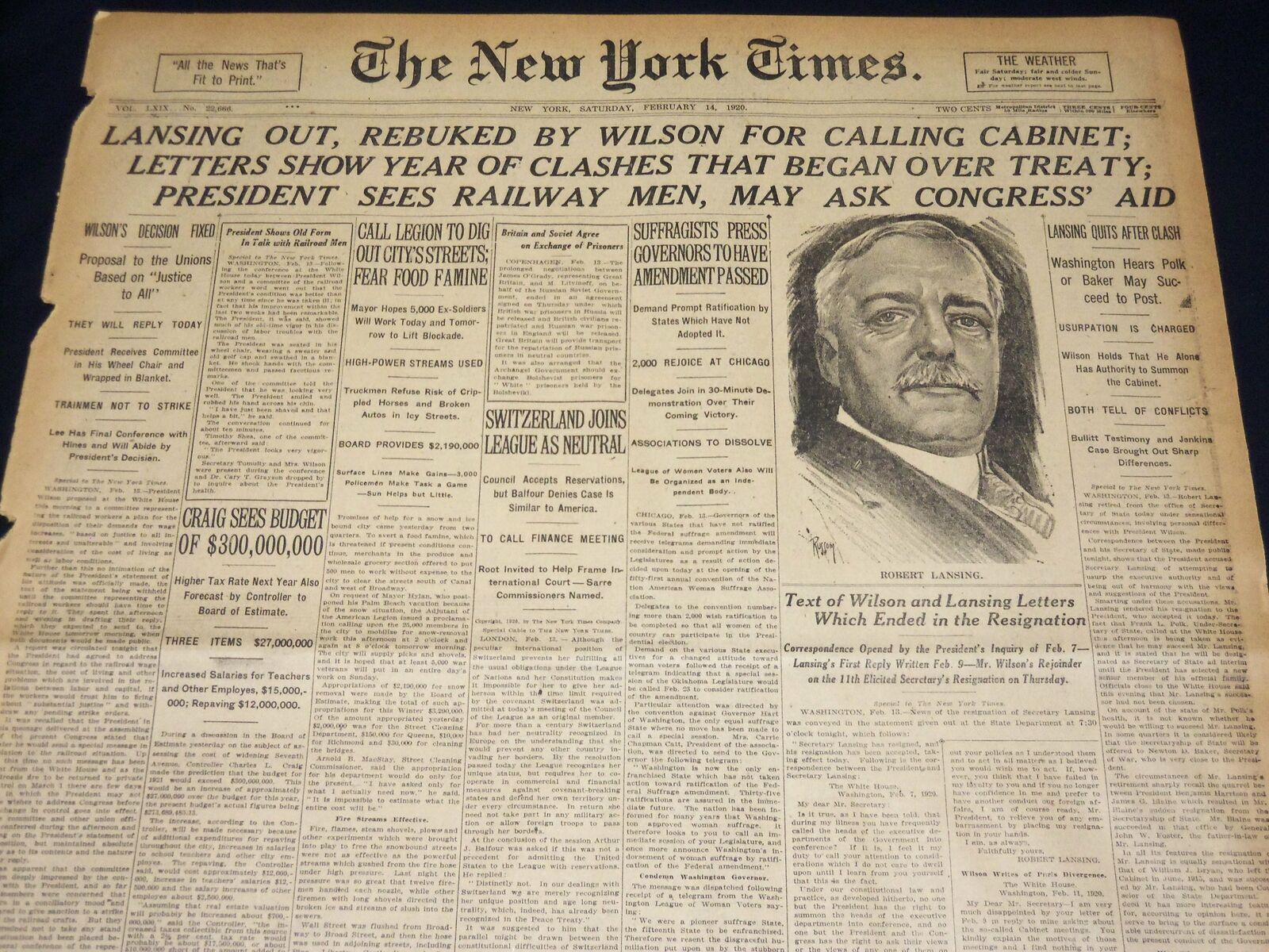 1920 FEBRUARY 14 NEW YORK TIMES - LANSING OUT REBUKED BY WILSON - NT 7870