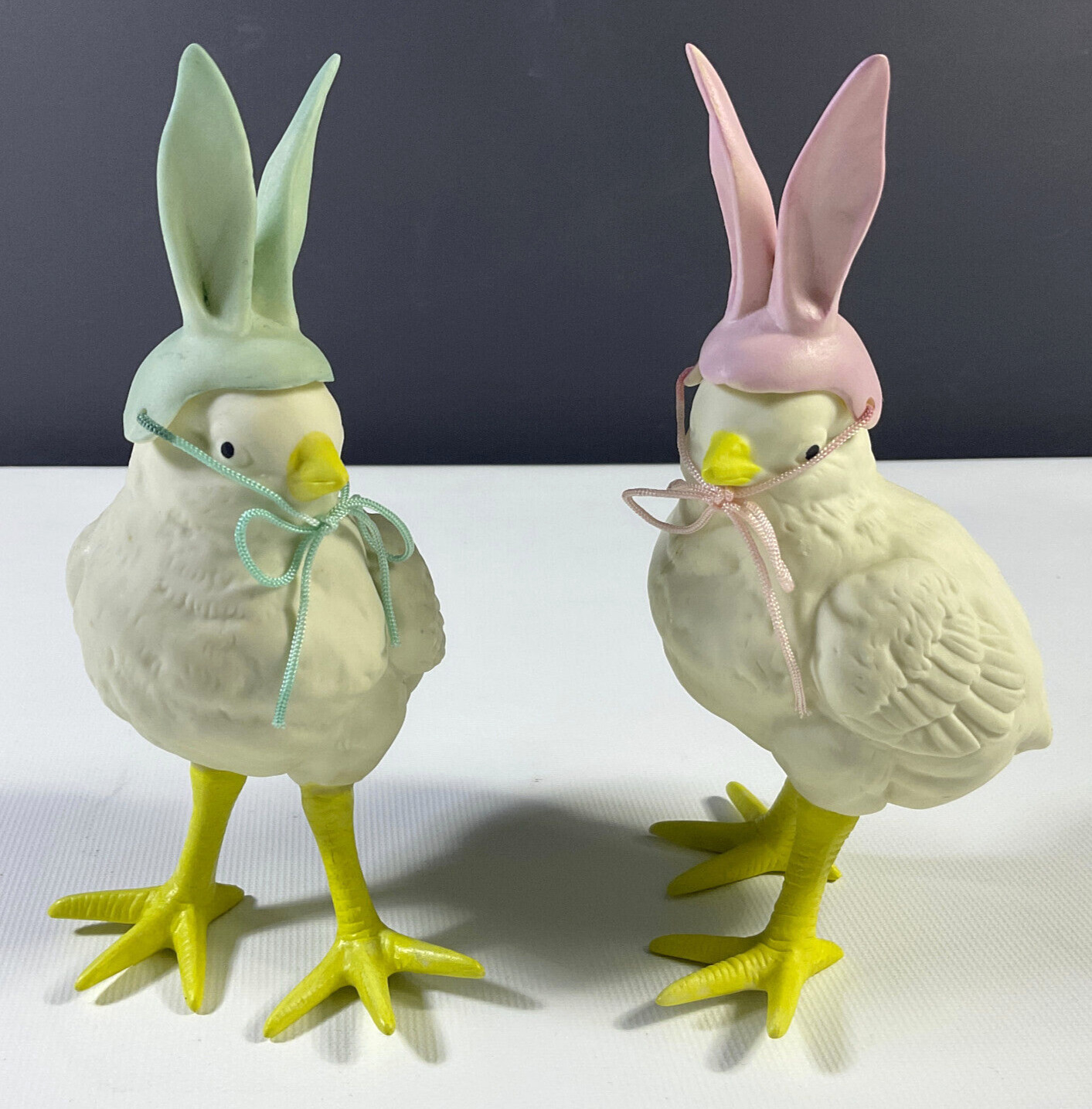 Dept. 56 Easter Chicks in Bunny Ears Hat Hand Painted Bisque Ceramic 1980's RARE