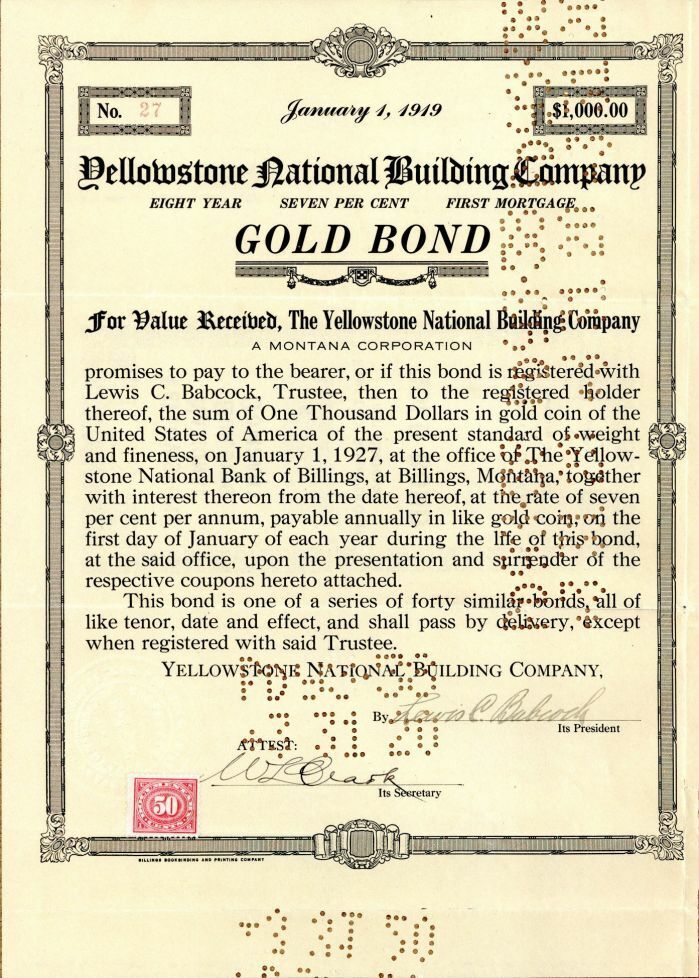 Yellowstone National Building Co. - $1,000 Bond - General Bonds