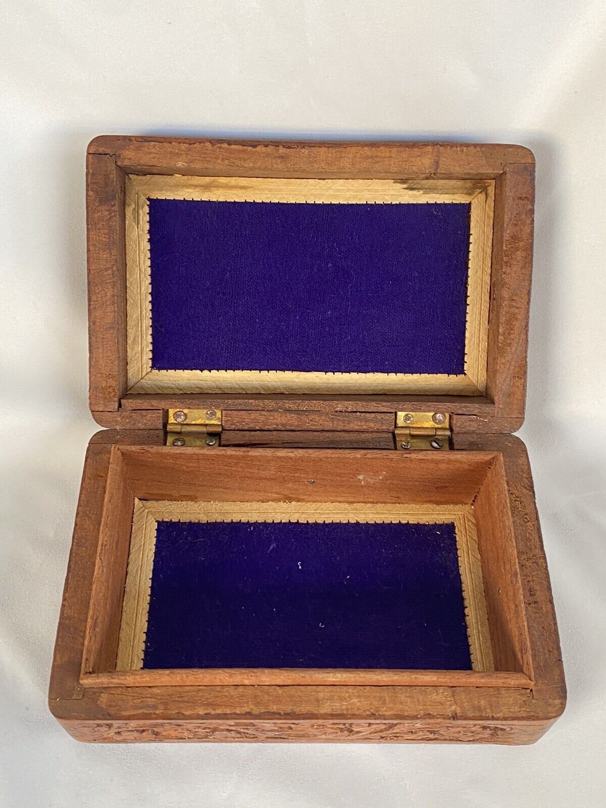 Vintage Hand Carved Folk Art Wooden Box Inlaid Flowers Blue Felt Lining Hinged