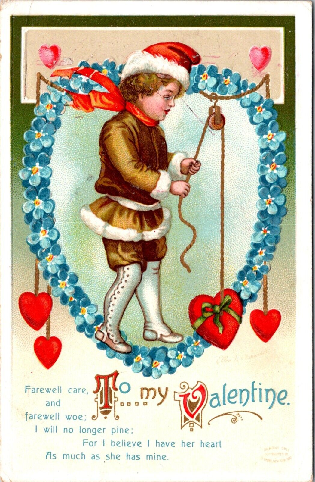 Valentine Boy Heart Pulley Fur A/S Ellen Clapsaddle Emboss c1910s postcard H416