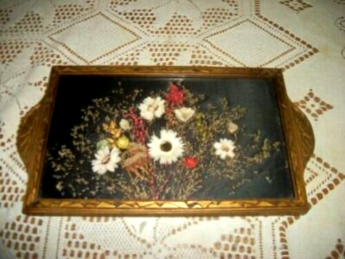 ART DECO WOOD VANITY TRAY DRIED FLOWERS UNDER GLASS DECO CARVED HANDLES 1920