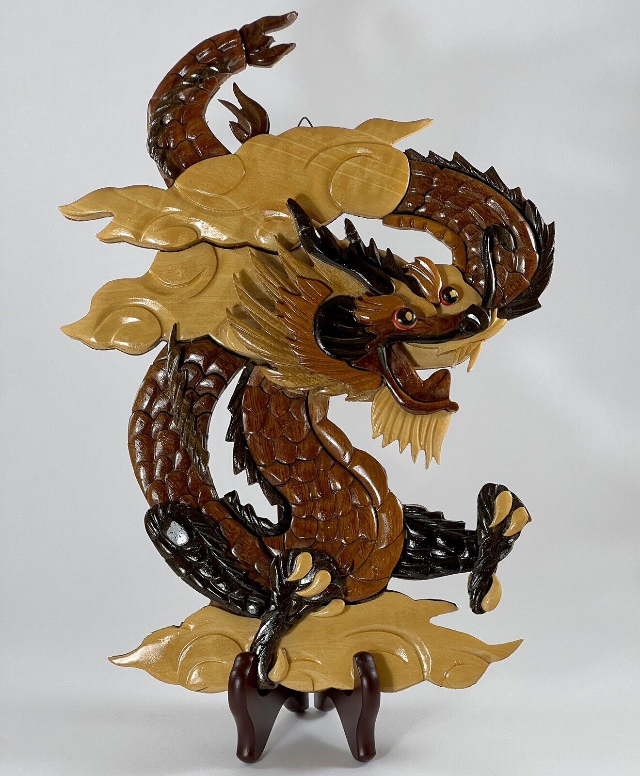 Vintage Asian Oriental Chinese Wood Dragon 3D Layered Wall Hanging 13” X 10”