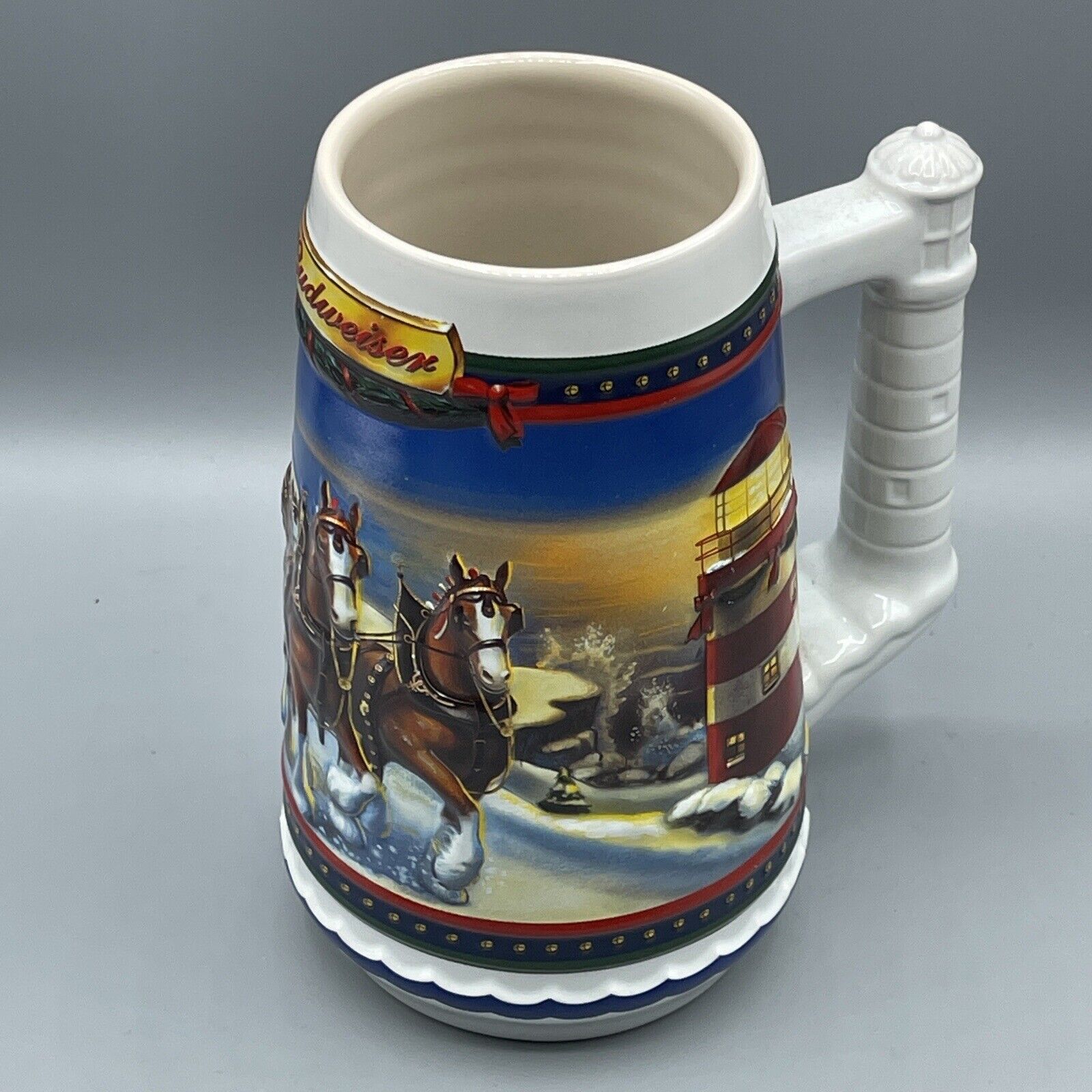 Vintage Budweiser Stein Beer 2002 Guiding the Way Home Lighthouse Christmas