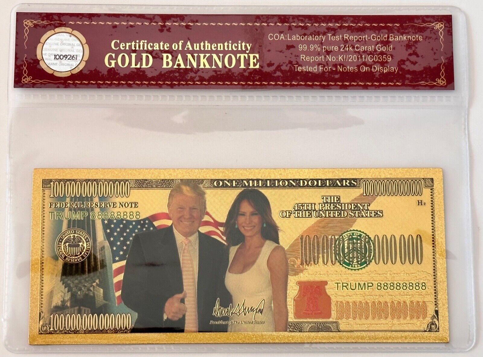 President Donald Trump..  Trillion $ Bill.. 24K Gold 3D Overlay... With COA