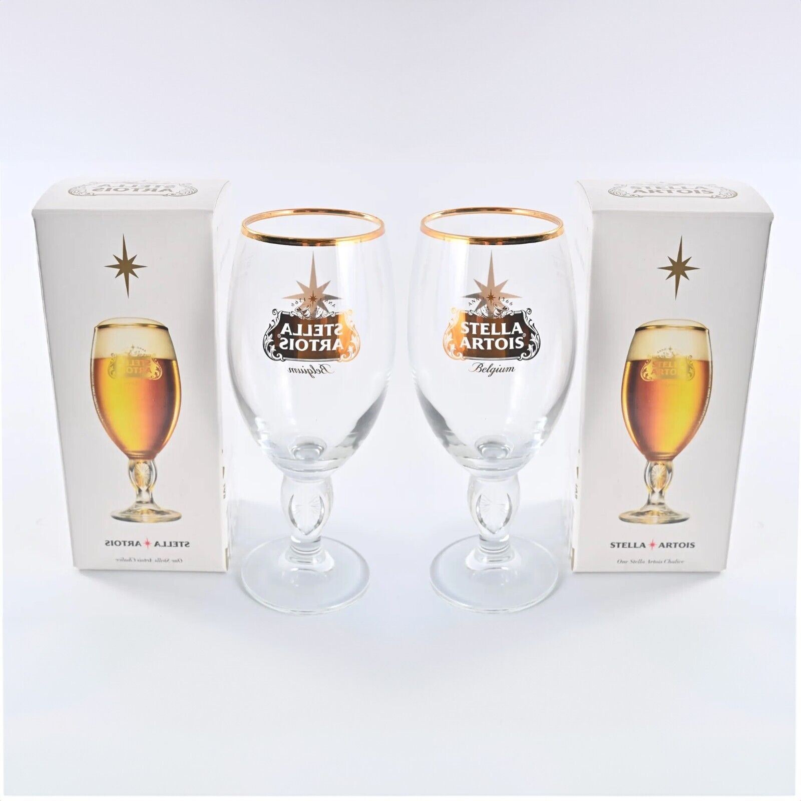Stella Artois Beer Glasses Set of 2 Chalice 33cl Limited Edition Gold Label Lot