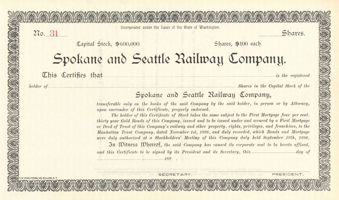 Spokane and Seattle Railway Co. - Unissued Railroad Stock Certificate - Northern