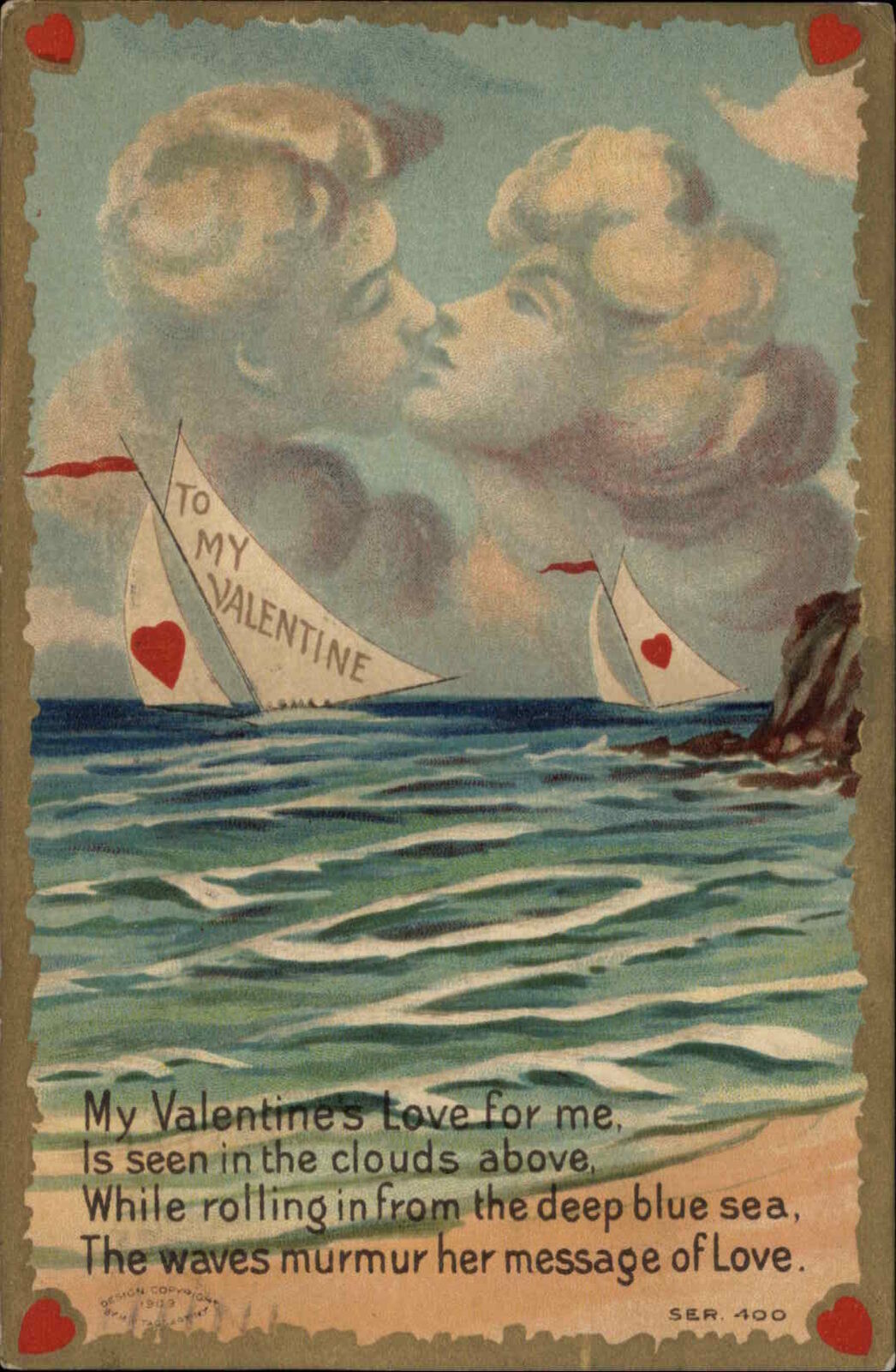 Valentine Fantasy Couple Kissing Metamorphic Clouds c1910 Vintage Postcard
