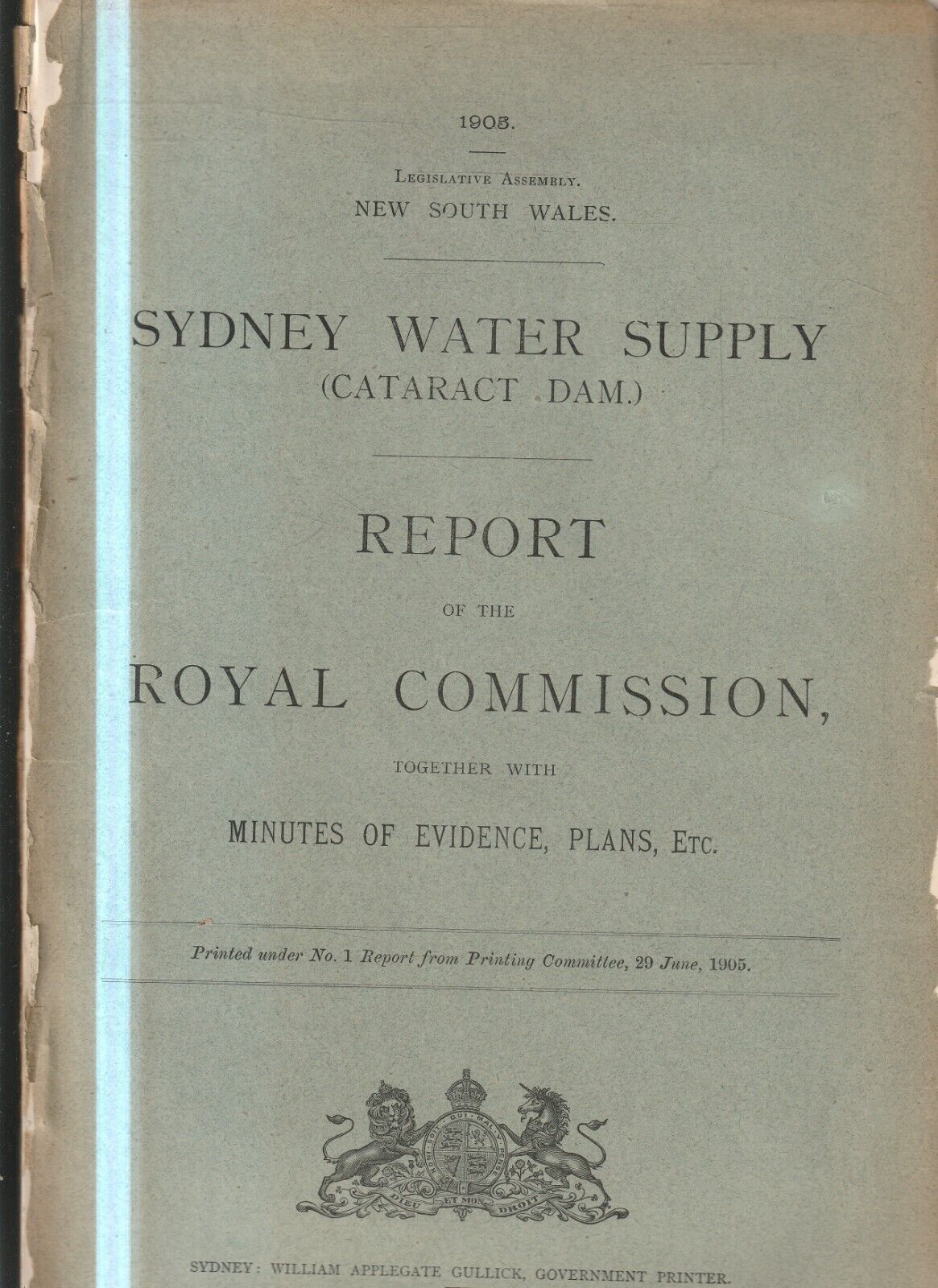 MEMORABILIA ,SYDNEY WATER SUPPLY ROYAL COMMISSION , 1905 , MINUTES OF EVIDENCE