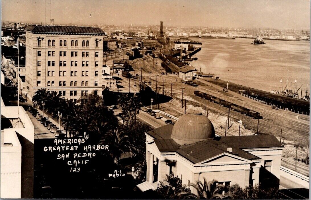 RPPC San Pedro CA Harbor City Hall Library c1930-1940s photo postcard IQ10