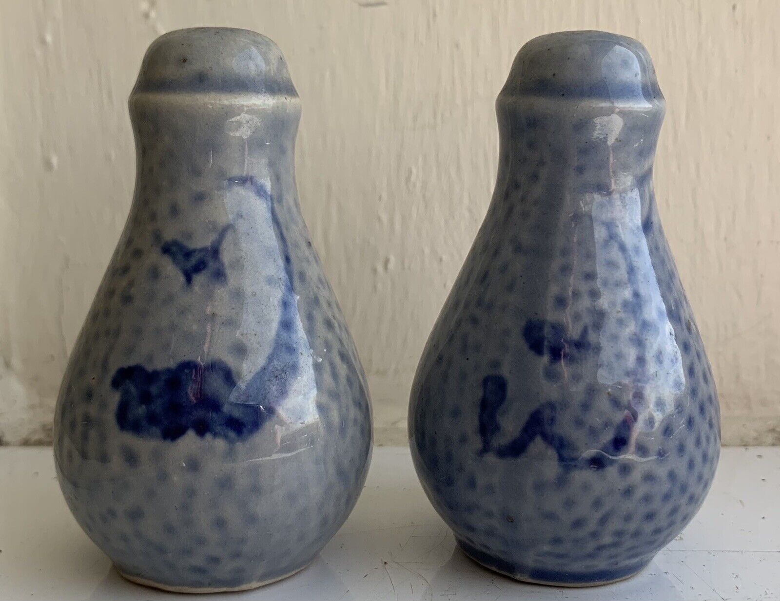 Vintage Oriental Blue on Gray Stoneware Salt & Pepper Shakers.
