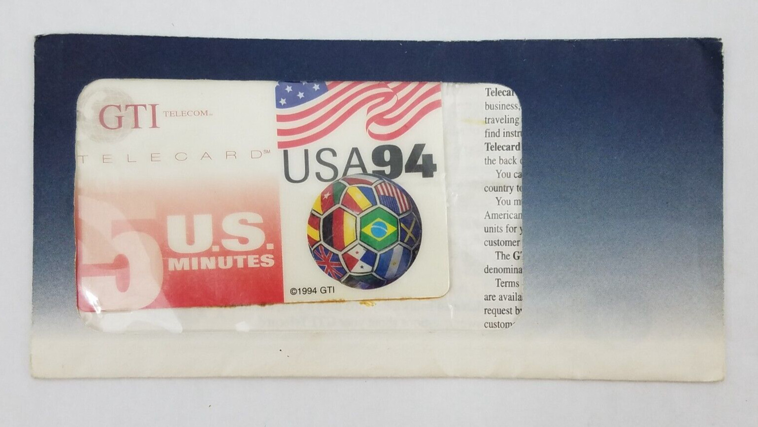 GTI Telecom 5 US Minutes World Cup USA 94\'Soccer Phone Card Expired