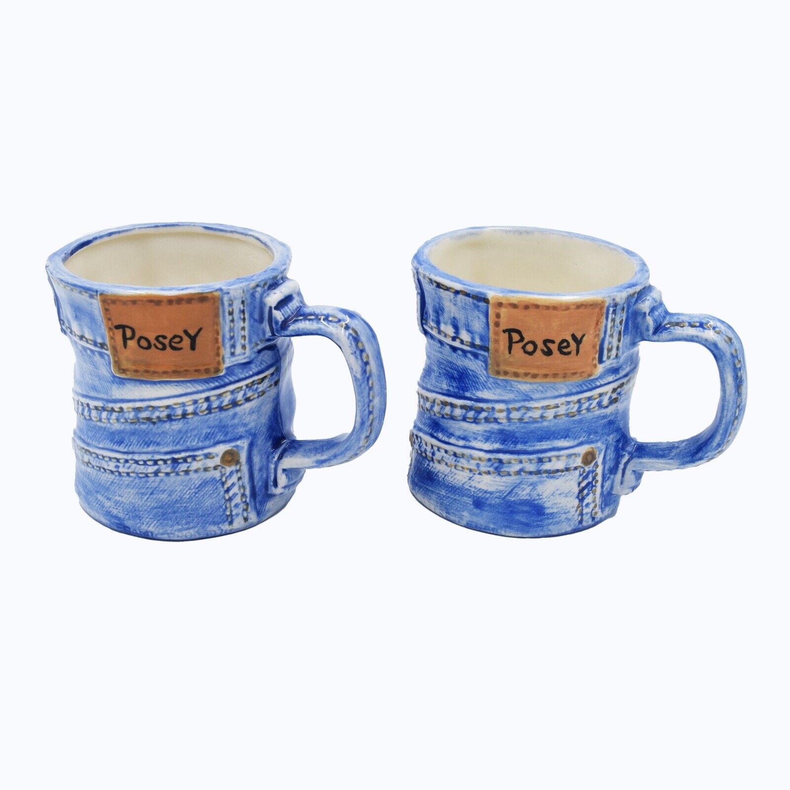 Vintage Ceramic Blue Jean Denim Coffee Mugs Cups Lot of 2 With POSEY NAME