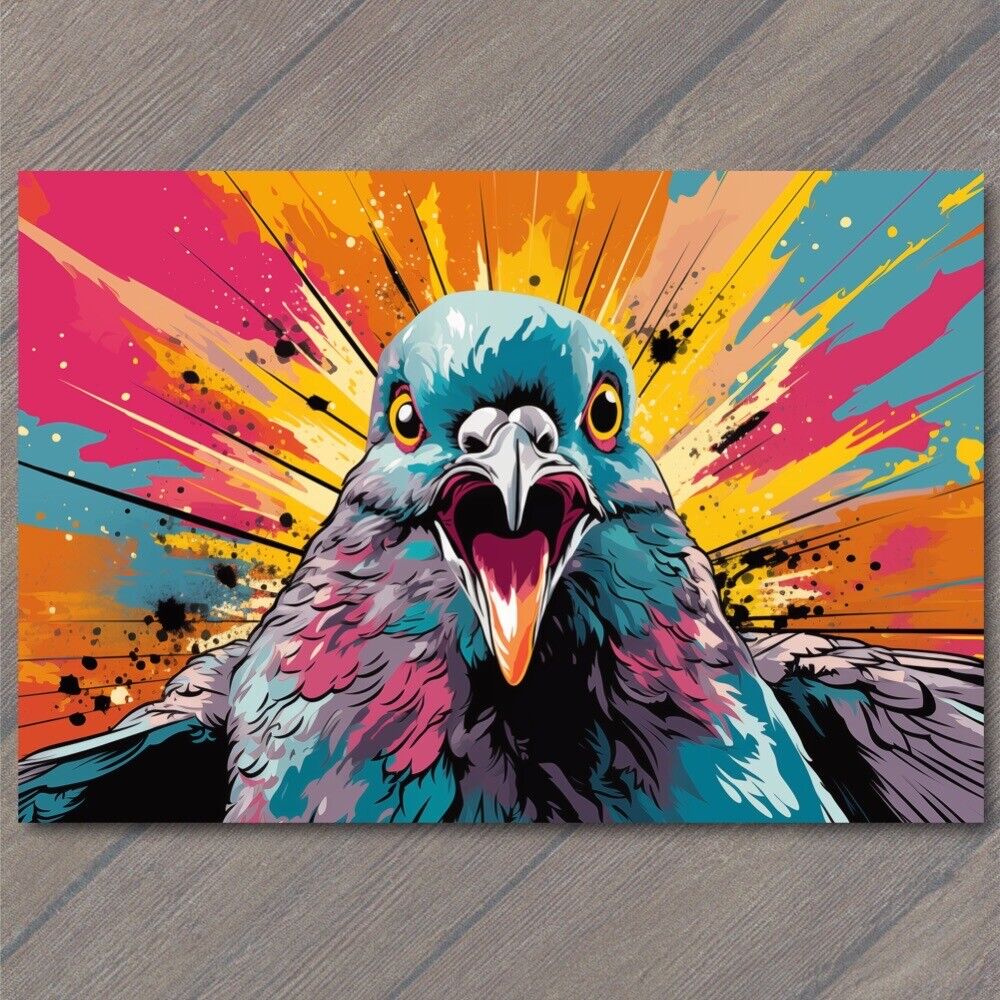 POSTCARD Pigeon Bird Smile Happy Retro Pop Art Splash Colors Cute Fun Vibrant