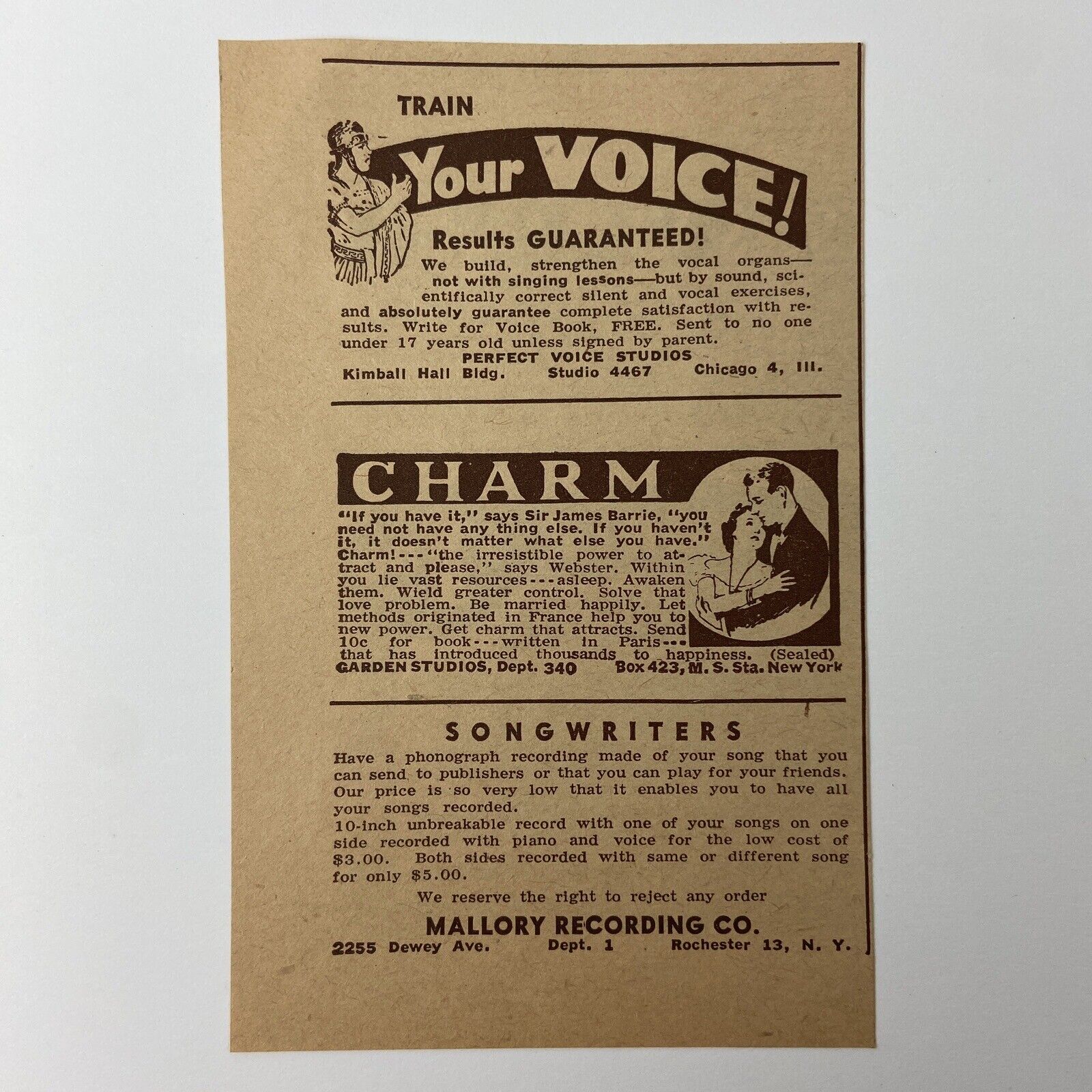 Vintage Print Ad Voice Charm Train Songwriters 1940s Mallory Recording NY Mail
