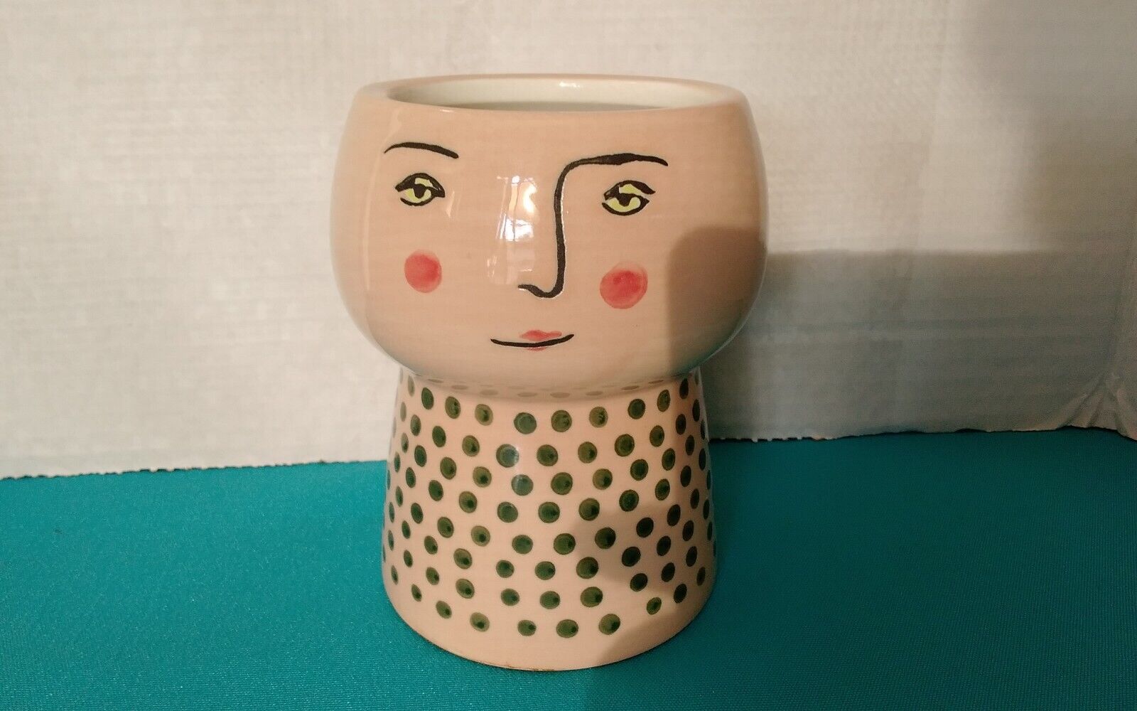 OPALHOUSE Pink w/ Gray Polka Dots Ceramic Face Planter/Vase• 4 1/2\